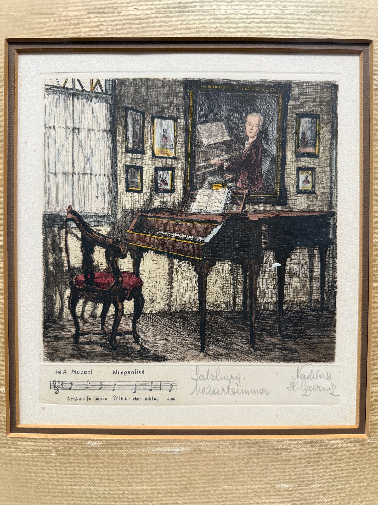 Henry Goering Mozart Wiegenlied Salzburg Mozartzimmer Etching, Framed
