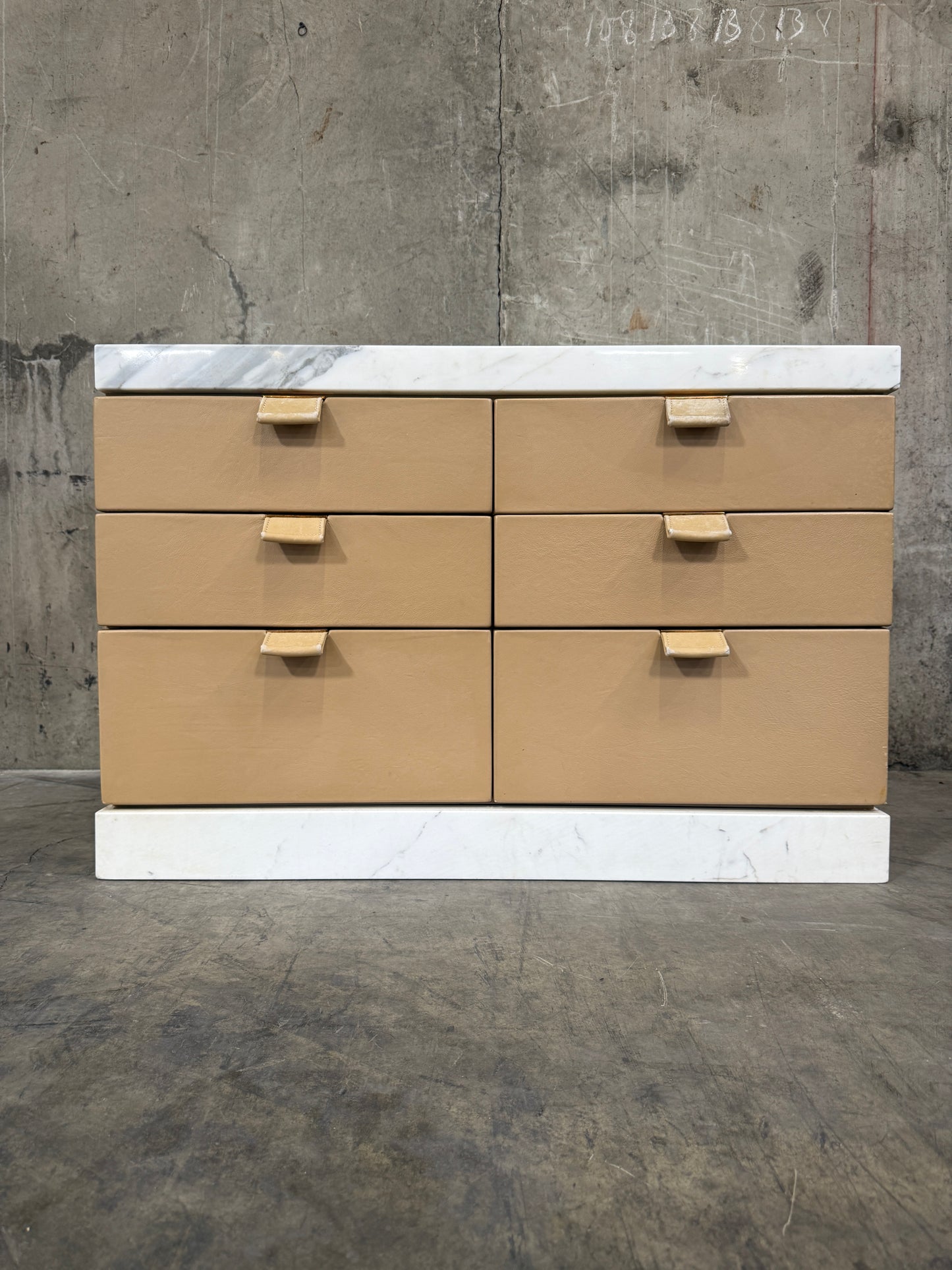 1980s Leather-Clad Six-Drawer Chest on Marble Plinth – In the Manner of Karl Springer
