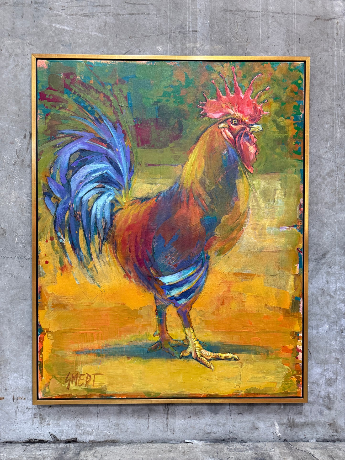 Smedt Large Rooster Painting Signed 1996 Gold Frame 50x63