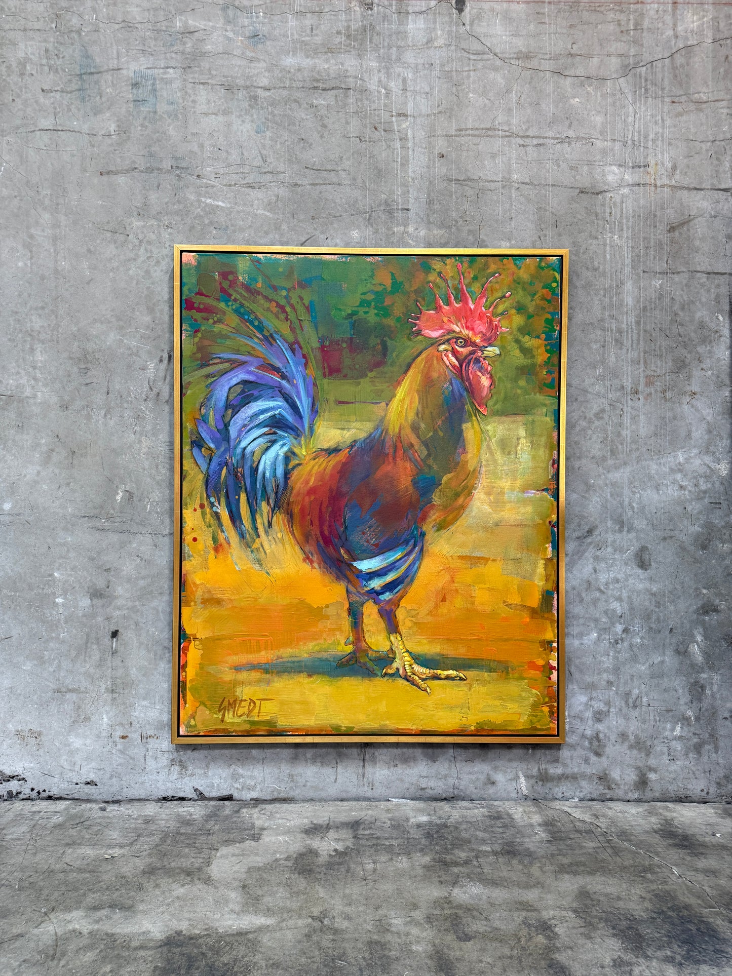Smedt Large Rooster Painting Signed 1996 Gold Frame 50x63