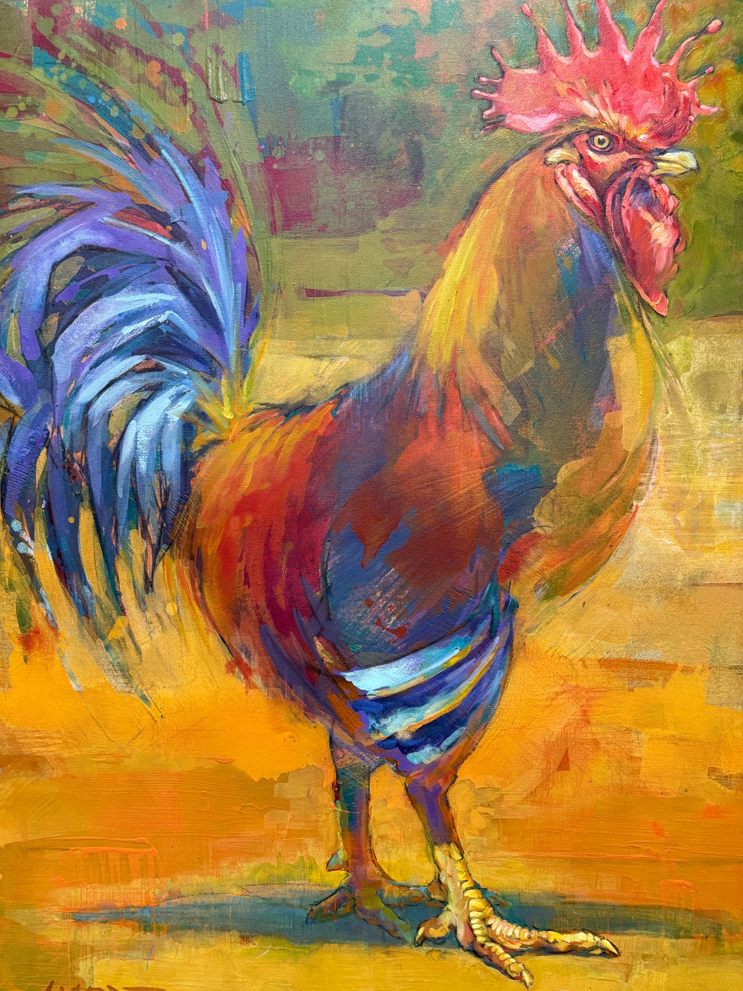Smedt Large Rooster Painting Signed 1996 Gold Frame 50x63