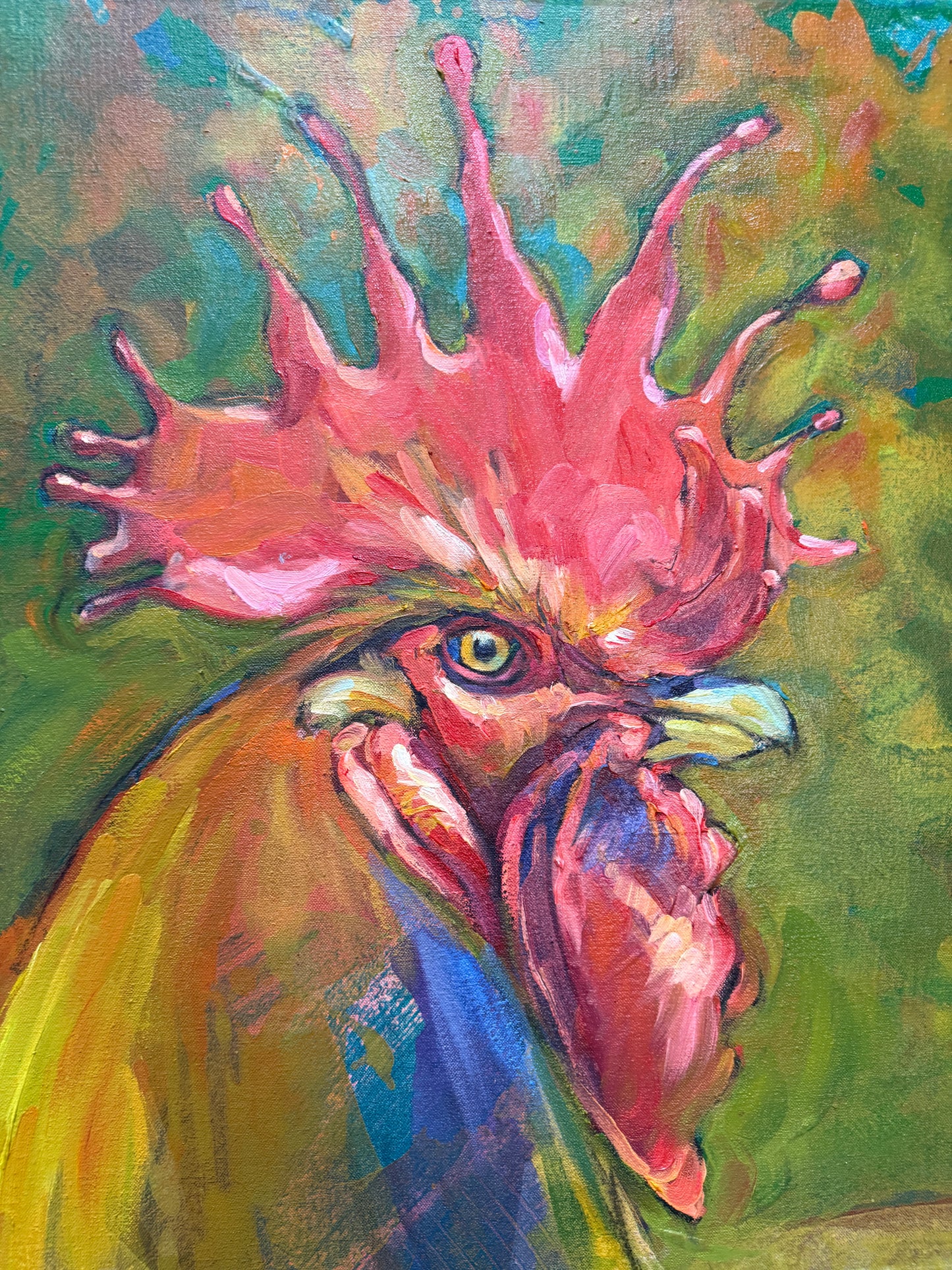 Smedt Large Rooster Painting Signed 1996 Gold Frame 50x63