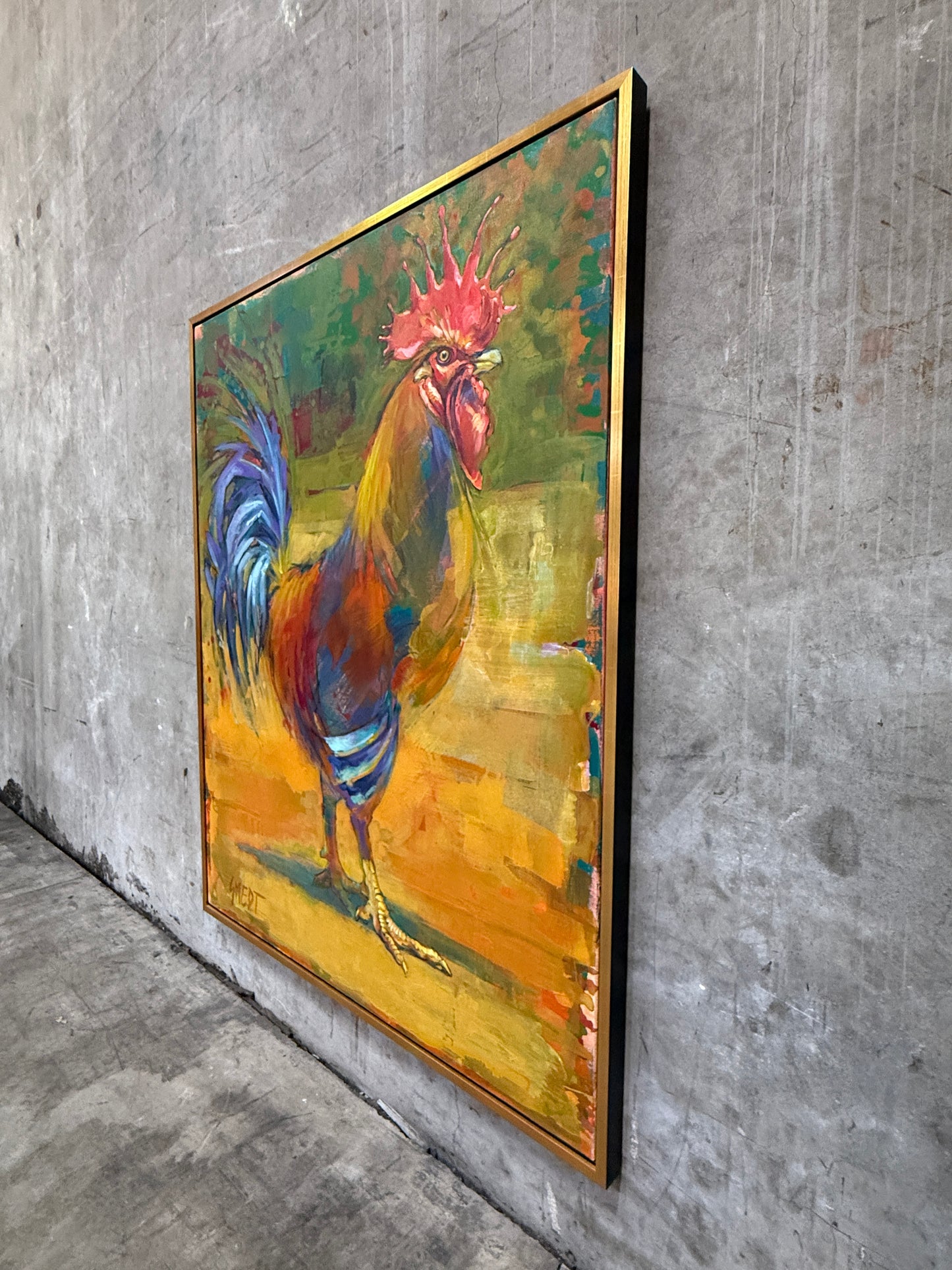 Smedt Large Rooster Painting Signed 1996 Gold Frame 50x63