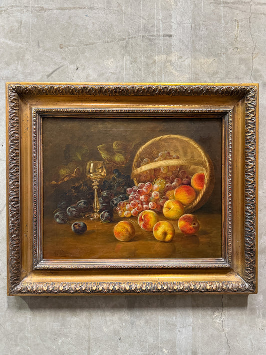 Antique 18th C Fruit Still Life Oil Painting Grapes Peaches Gilt Frame