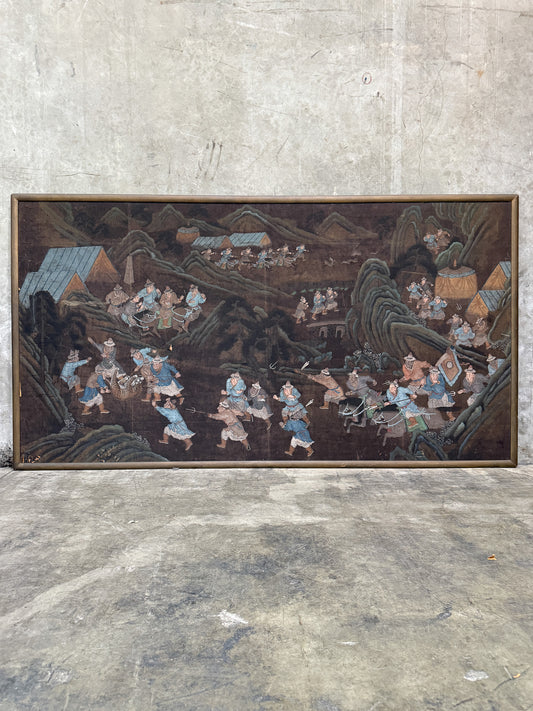 Antique Chinese Silk Scroll on Board, Tiger Hunt Scene, 19th C, 89in Framed