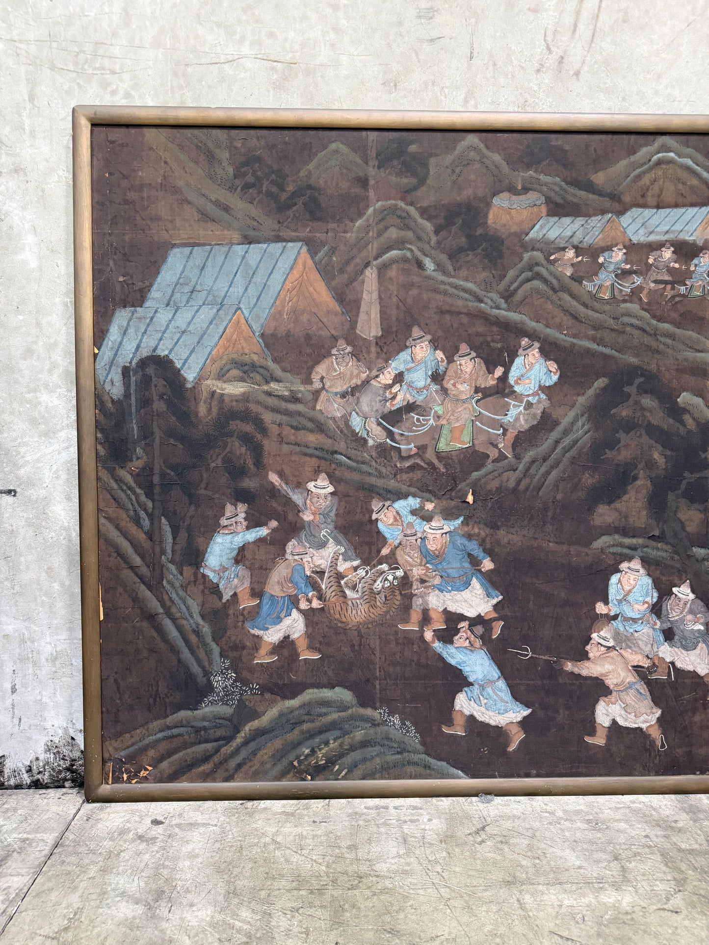 Antique Chinese Silk Scroll on Board, Tiger Hunt Scene, 19th C, 89in Framed