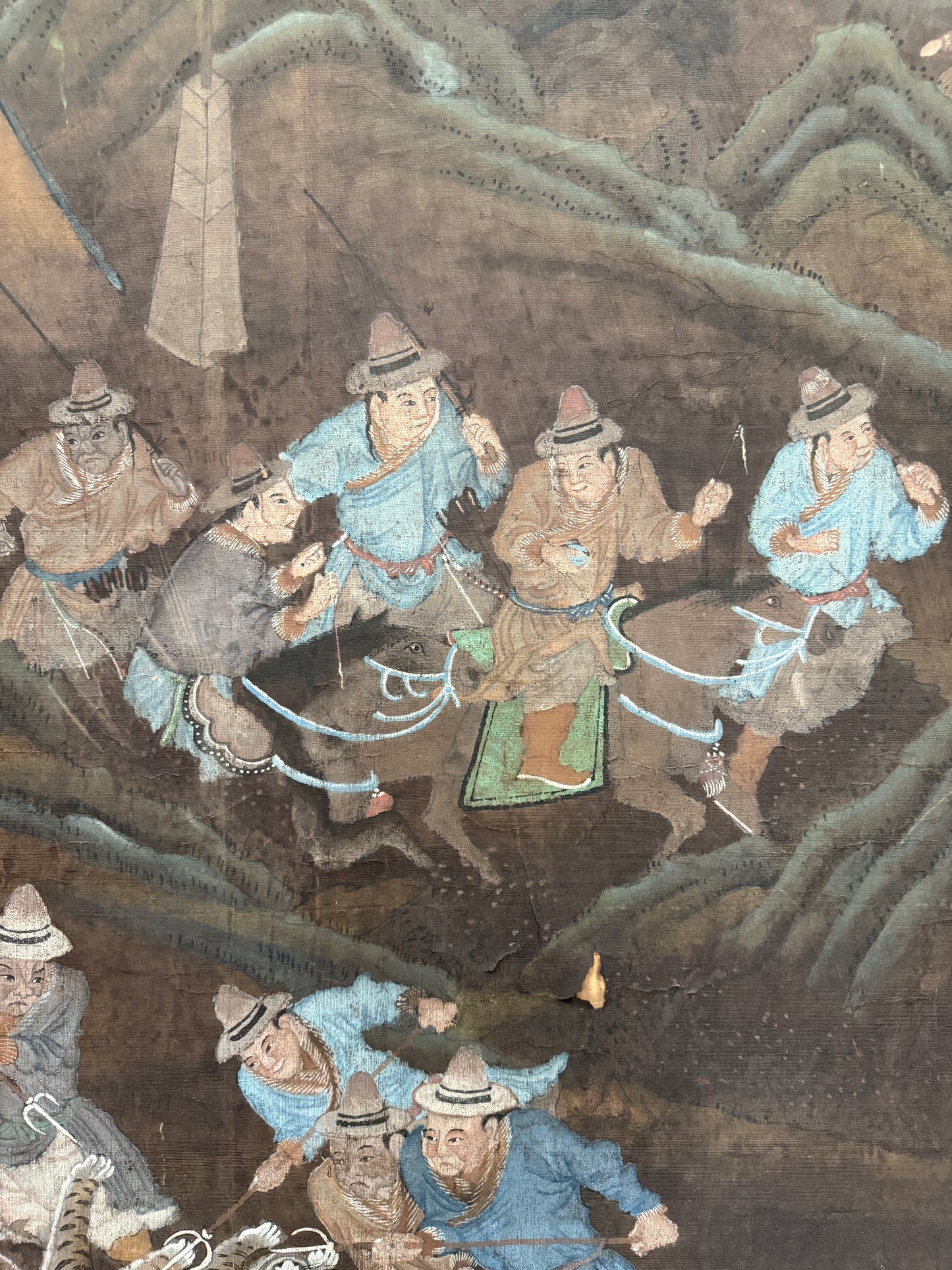 Antique Chinese Silk Scroll on Board, Tiger Hunt Scene, 19th C, 89in Framed