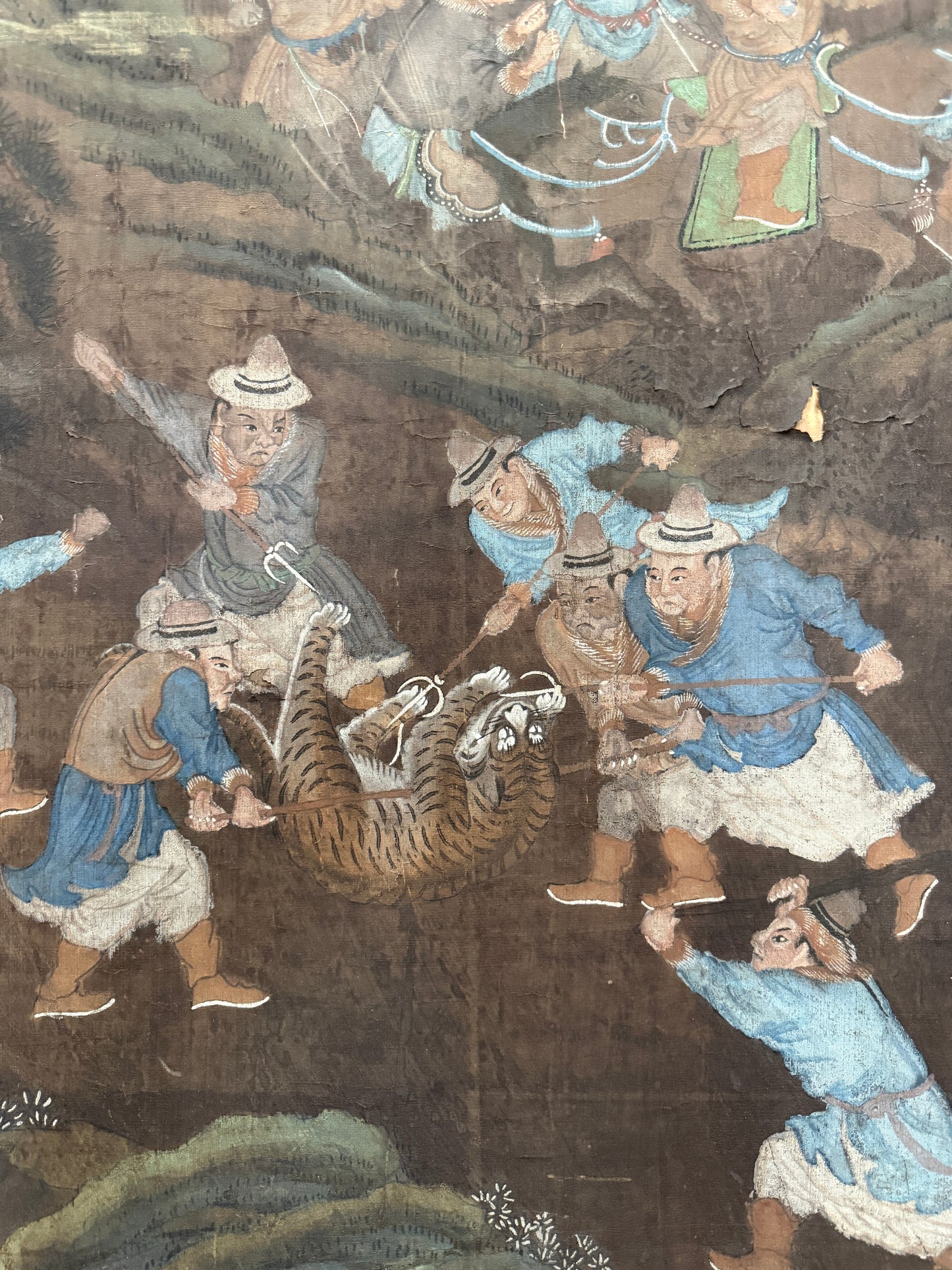 Antique Chinese Silk Scroll on Board, Tiger Hunt Scene, 19th C, 89in Framed