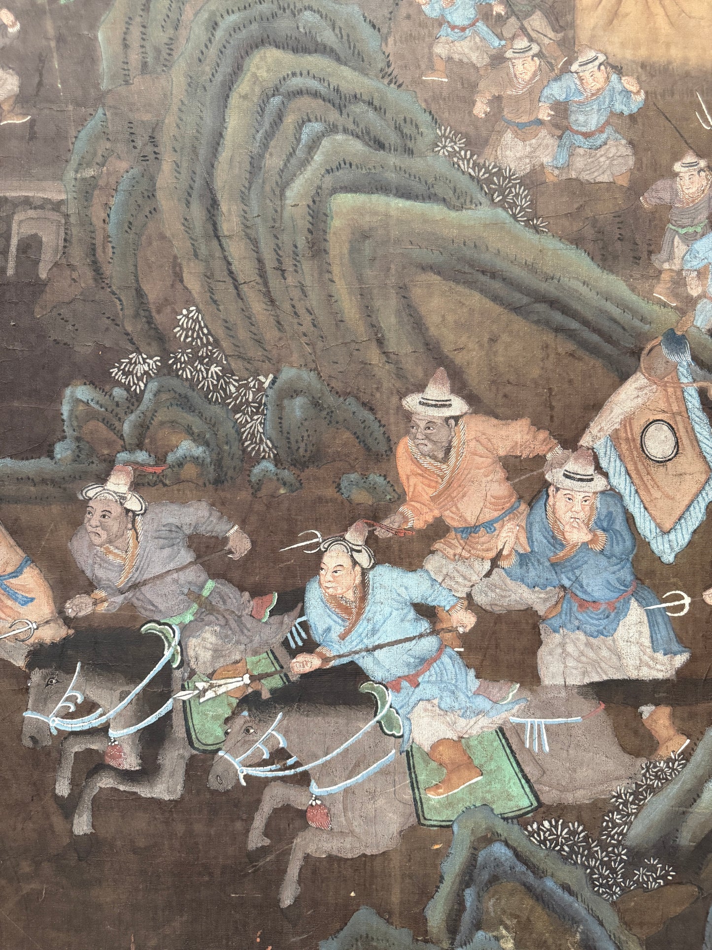Antique Chinese Silk Scroll on Board, Tiger Hunt Scene, 19th C, 89in Framed