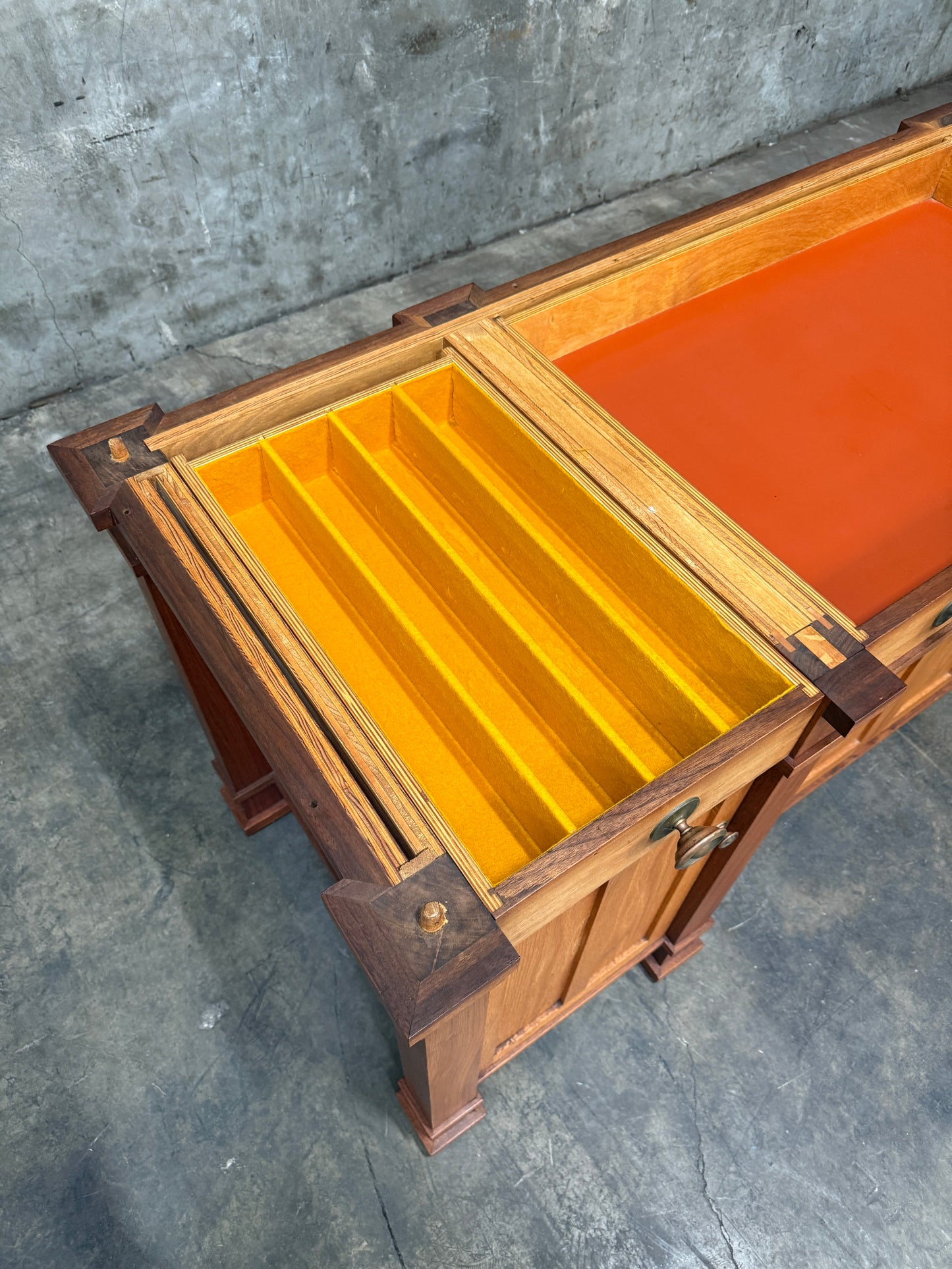 1970s Custom Handcrafted Arts & Crafts Revival Sideboard with Fold-Out Top and Lined Drawers – Brunner Cabinet Shop, San Francisco