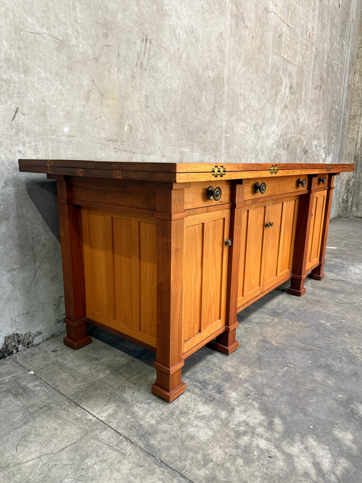 1970s Custom Handcrafted Arts & Crafts Revival Sideboard with Fold-Out Top and Lined Drawers – Brunner Cabinet Shop, San Francisco