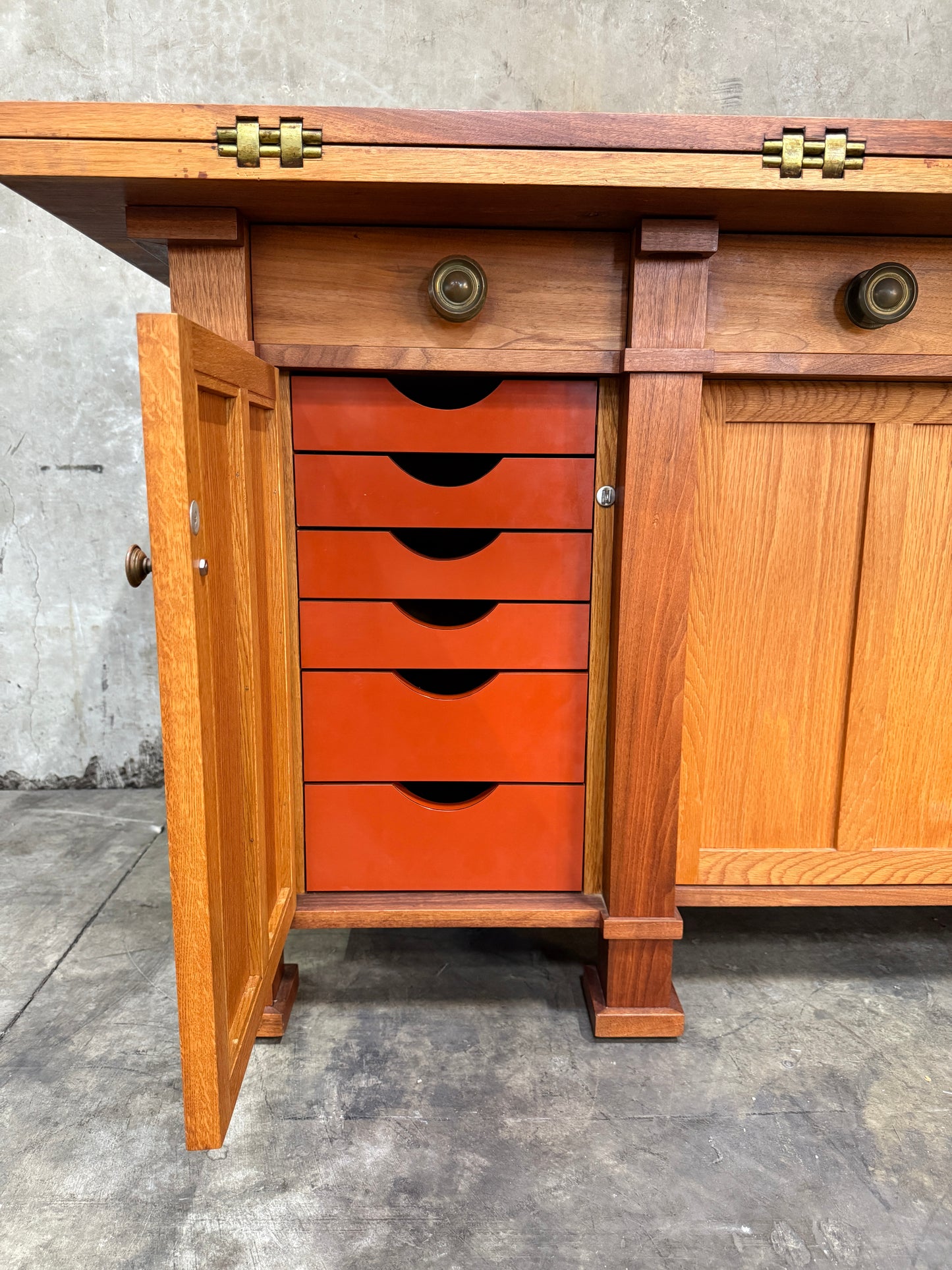 1970s Custom Handcrafted Arts & Crafts Revival Sideboard with Fold-Out Top and Lined Drawers – Brunner Cabinet Shop, San Francisco