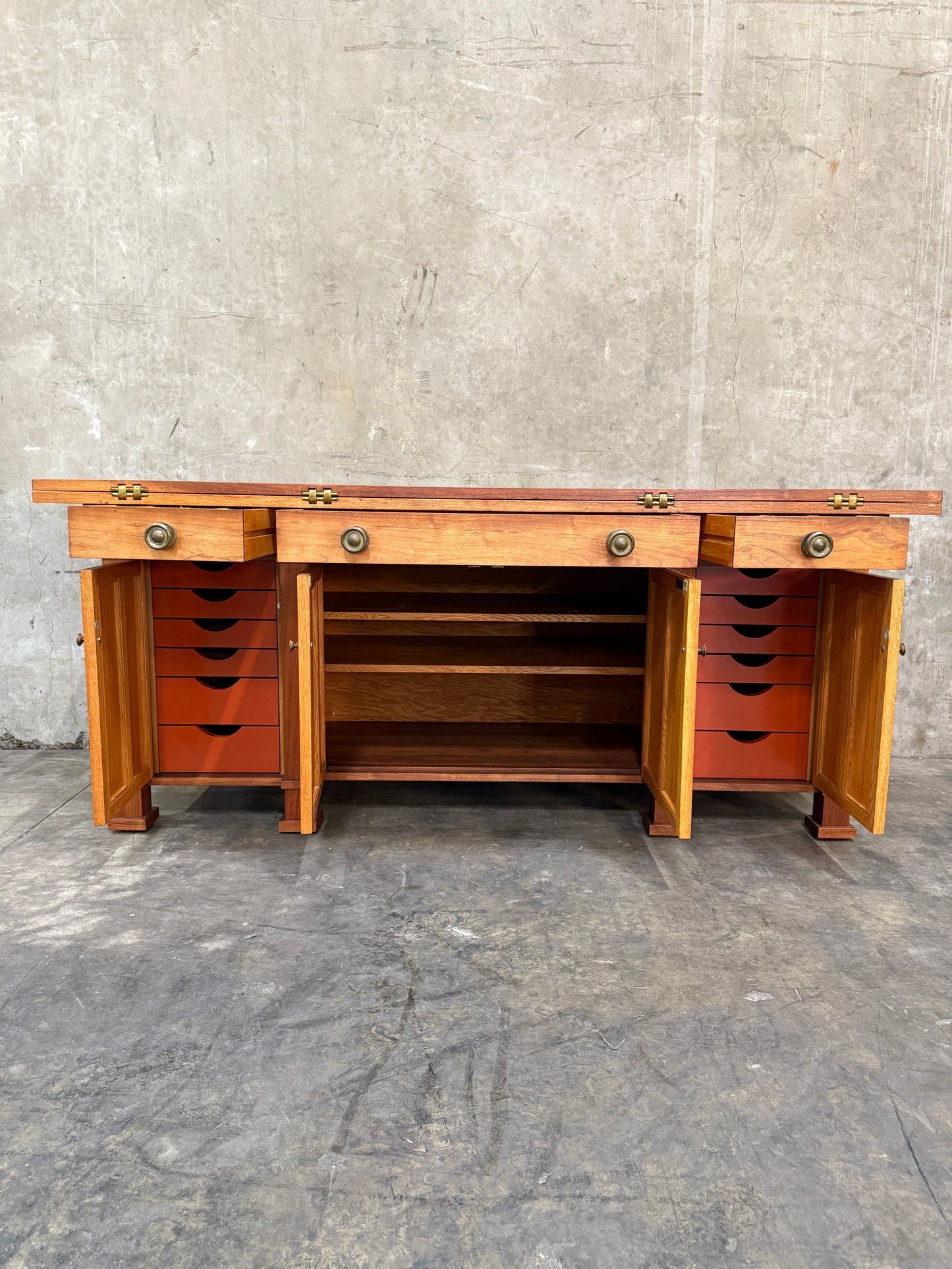 1970s Custom Handcrafted Arts & Crafts Revival Sideboard with Fold-Out Top and Lined Drawers – Brunner Cabinet Shop, San Francisco