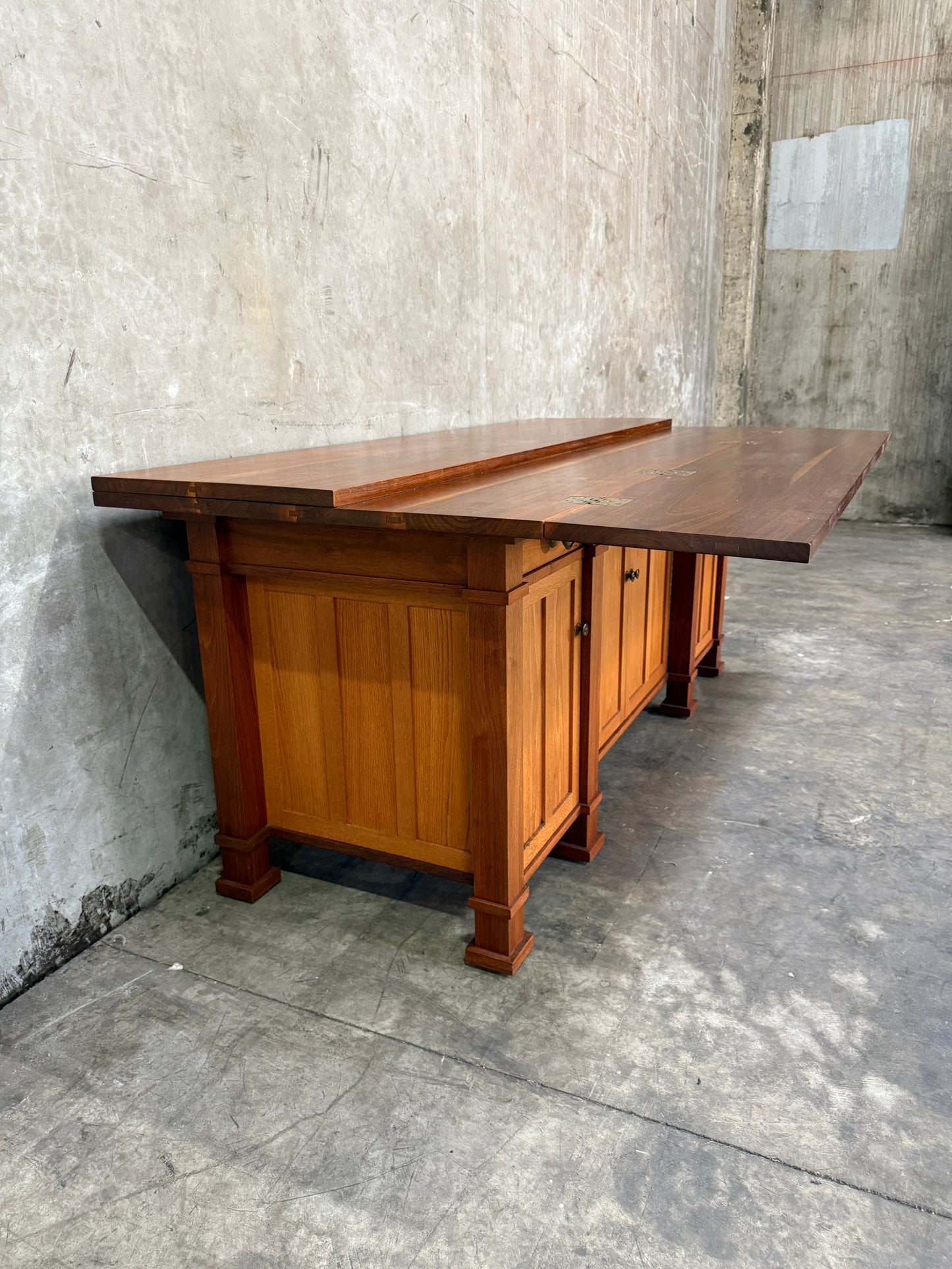 1970s Custom Handcrafted Arts & Crafts Revival Sideboard with Fold-Out Top and Lined Drawers – Brunner Cabinet Shop, San Francisco
