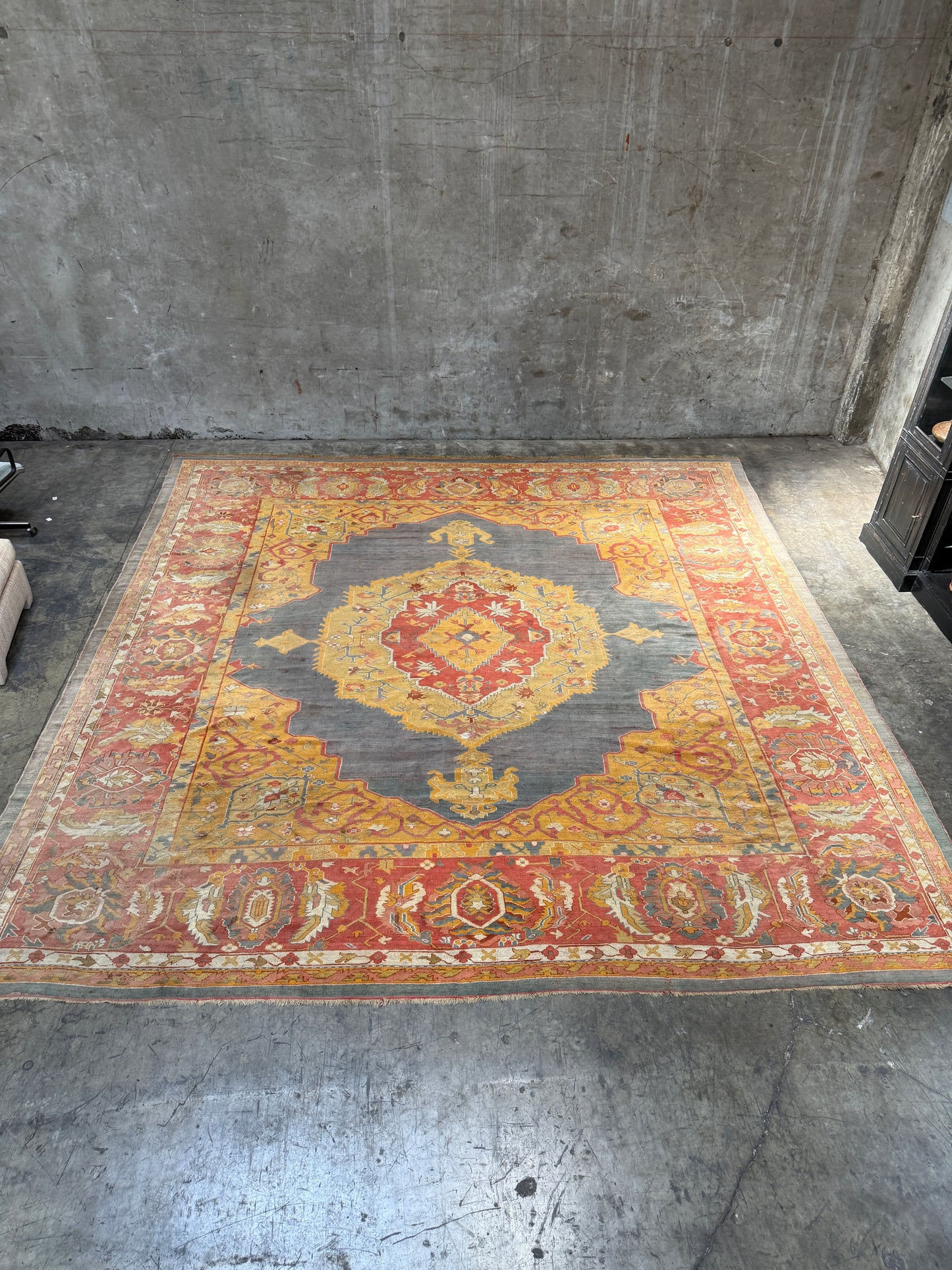 Antique 19th Century Oushak Rug – Turkish Handwoven Wool, 14′ × 14′ Square, Salmon & Blue Gray with Medallion