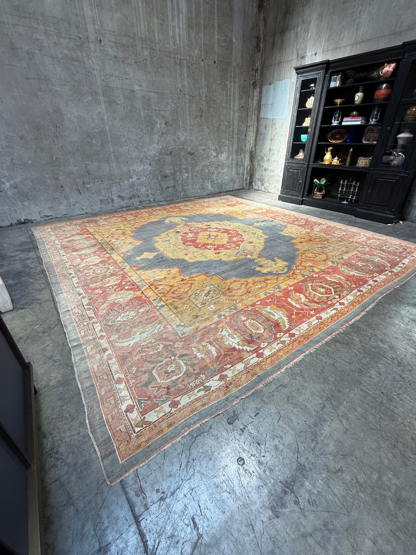 Antique 19th Century Oushak Rug – Turkish Handwoven Wool, 14′ × 14′ Square, Salmon & Blue Gray with Medallion