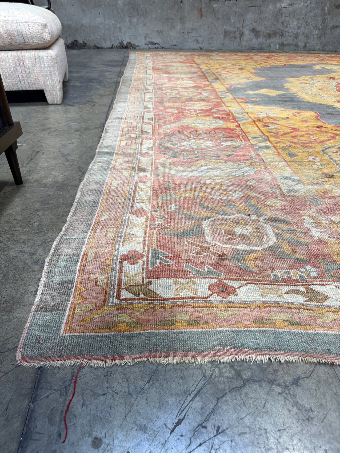 Antique 19th Century Oushak Rug – Turkish Handwoven Wool, 14′ × 14′ Square, Salmon & Blue Gray with Medallion