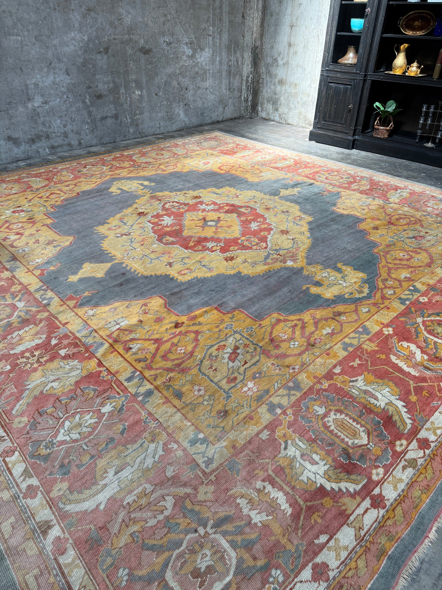 Antique 19th Century Oushak Rug – Turkish Handwoven Wool, 14′ × 14′ Square, Salmon & Blue Gray with Medallion