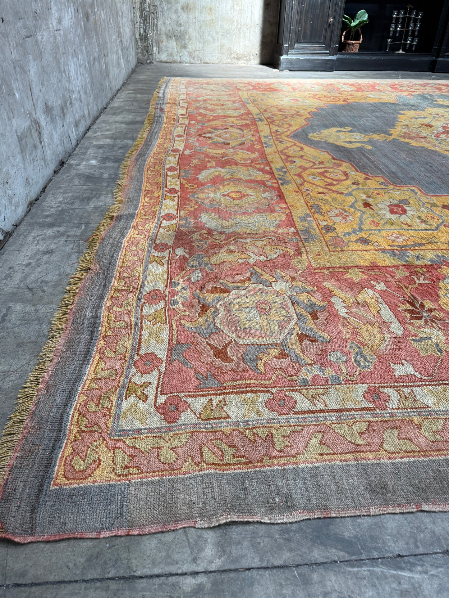 Antique 19th Century Oushak Rug – Turkish Handwoven Wool, 14′ × 14′ Square, Salmon & Blue Gray with Medallion