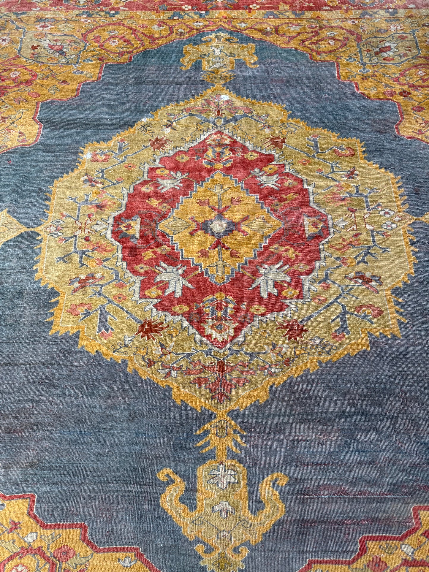 Antique 19th Century Oushak Rug – Turkish Handwoven Wool, 14′ × 14′ Square, Salmon & Blue Gray with Medallion