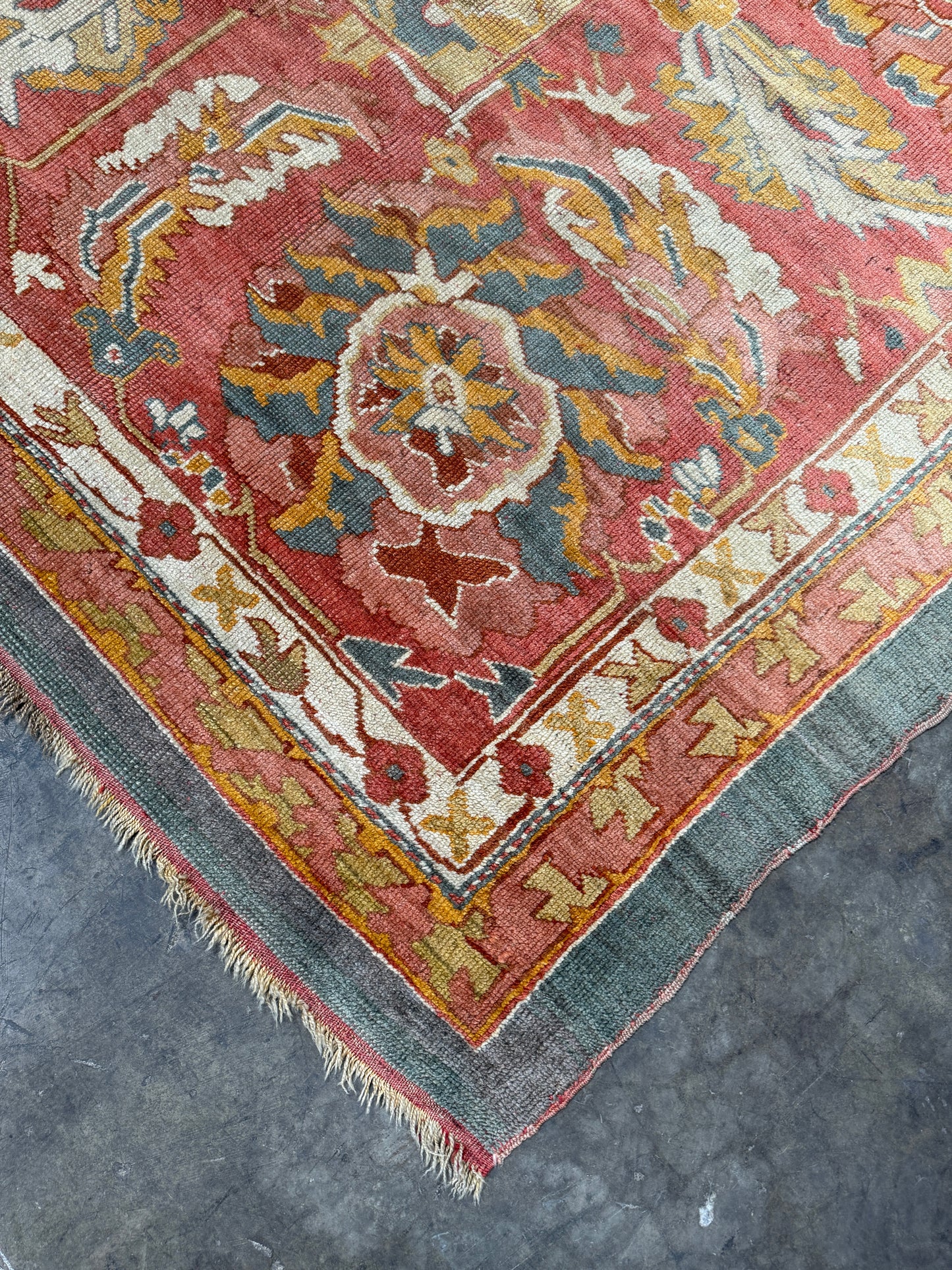 Antique 19th Century Oushak Rug – Turkish Handwoven Wool, 14′ × 14′ Square, Salmon & Blue Gray with Medallion