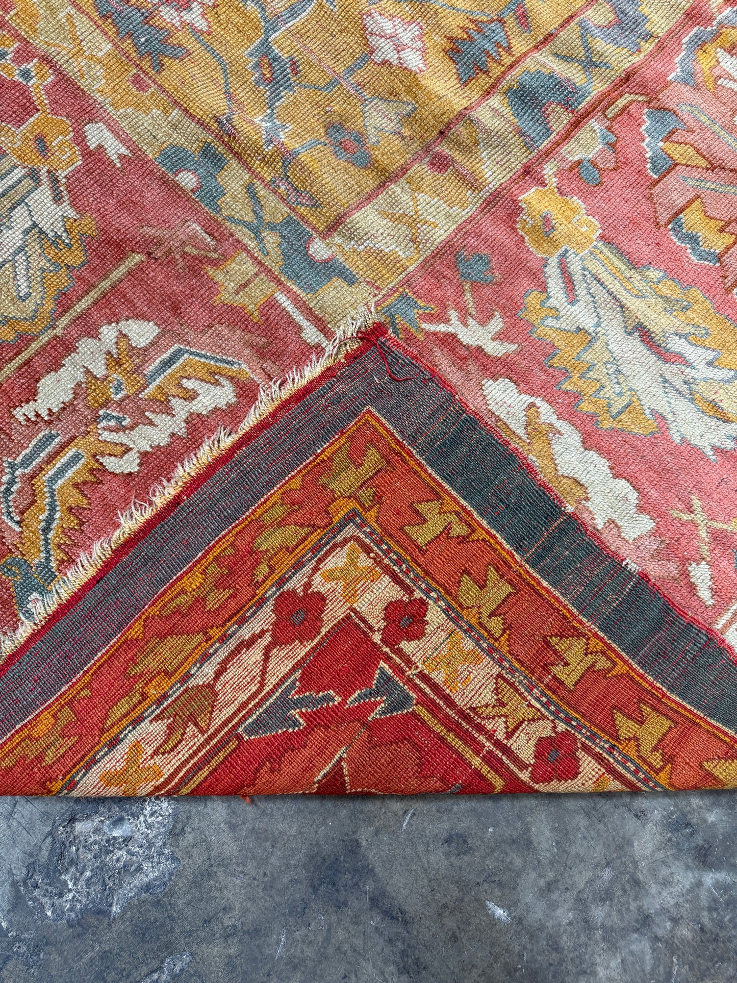 Antique 19th Century Oushak Rug – Turkish Handwoven Wool, 14′ × 14′ Square, Salmon & Blue Gray with Medallion