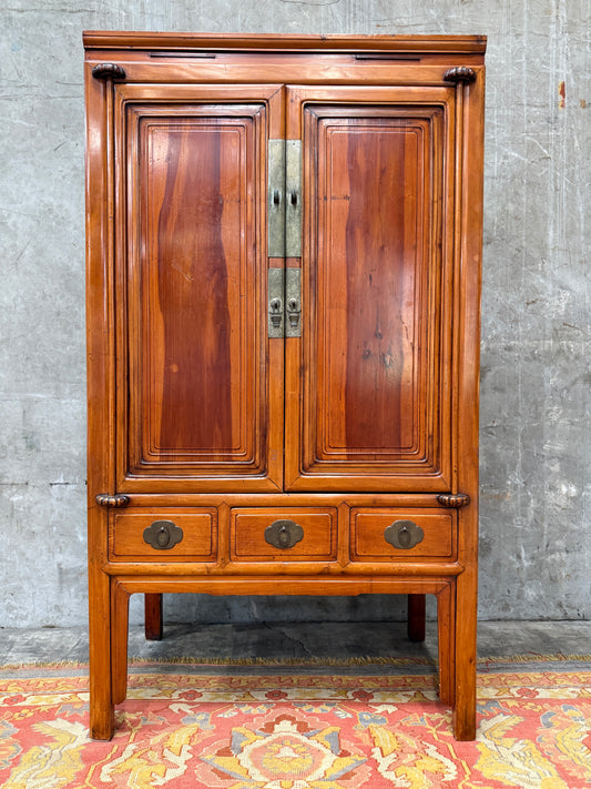 Chinese Qing Dynasty Late 19th Century Ningbo Elm Cabinet – Antique Wardrobe Armoire with Brass Hardware, 72.5″H × 40.25″W × 24″D