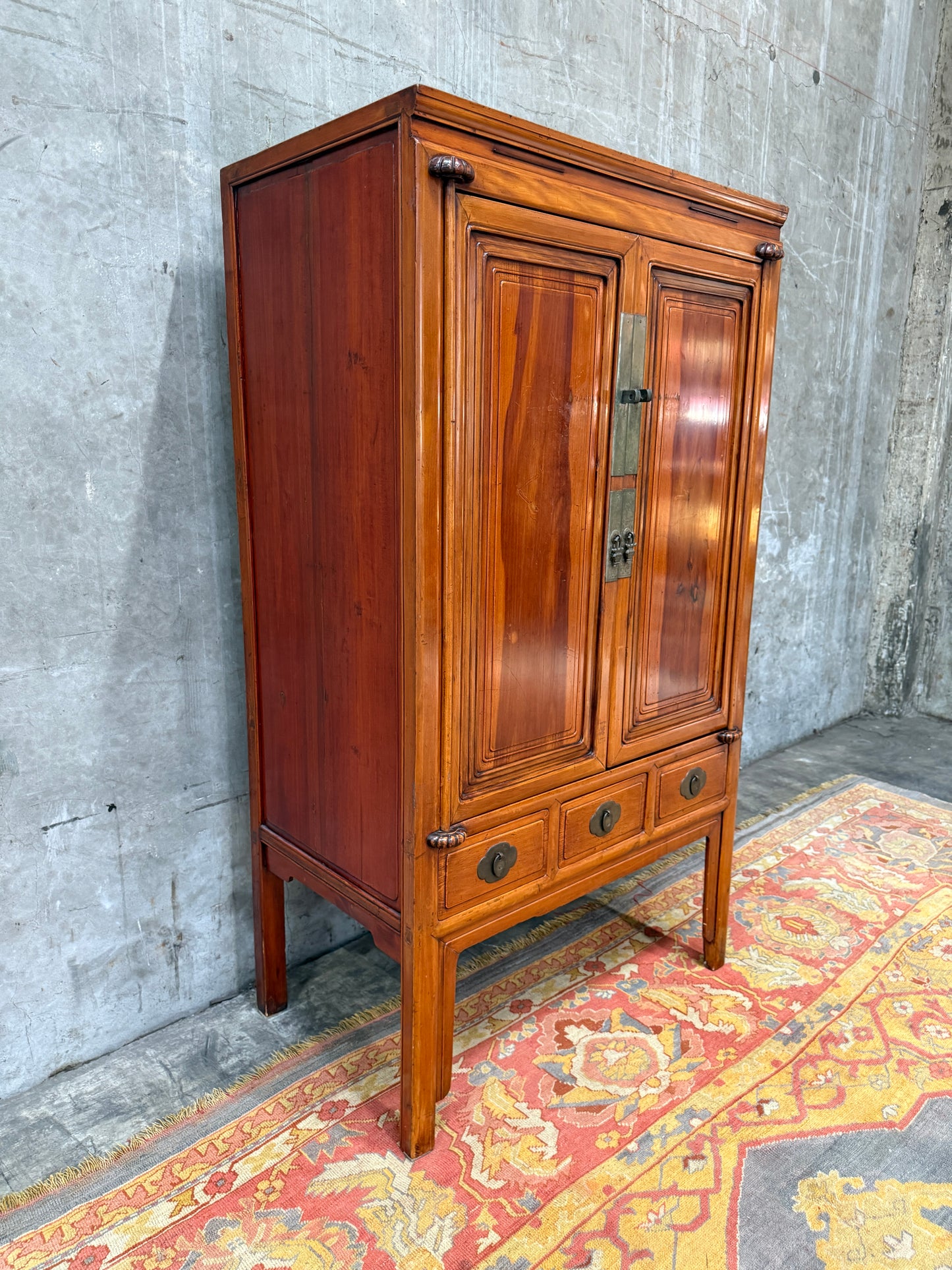Chinese Qing Dynasty Late 19th Century Ningbo Elm Cabinet – Antique Wardrobe Armoire with Brass Hardware, 72.5″H × 40.25″W × 24″D
