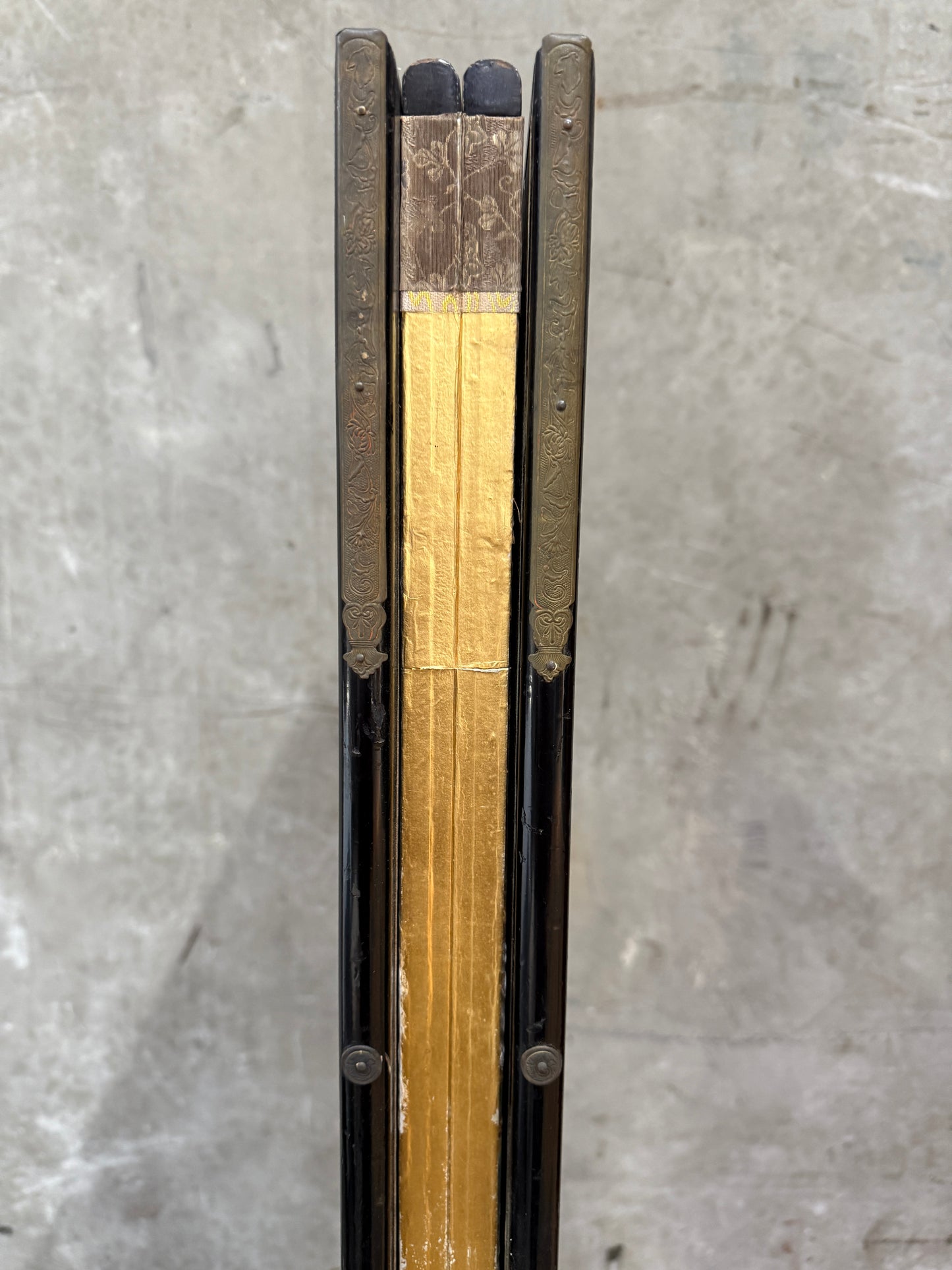 19th Century Japanese Meiji Period Four-Panel Folding Screen – Gilt Paper with Chrysanthemums, Morning Glories & Landscape, 67.5″H × 98″W