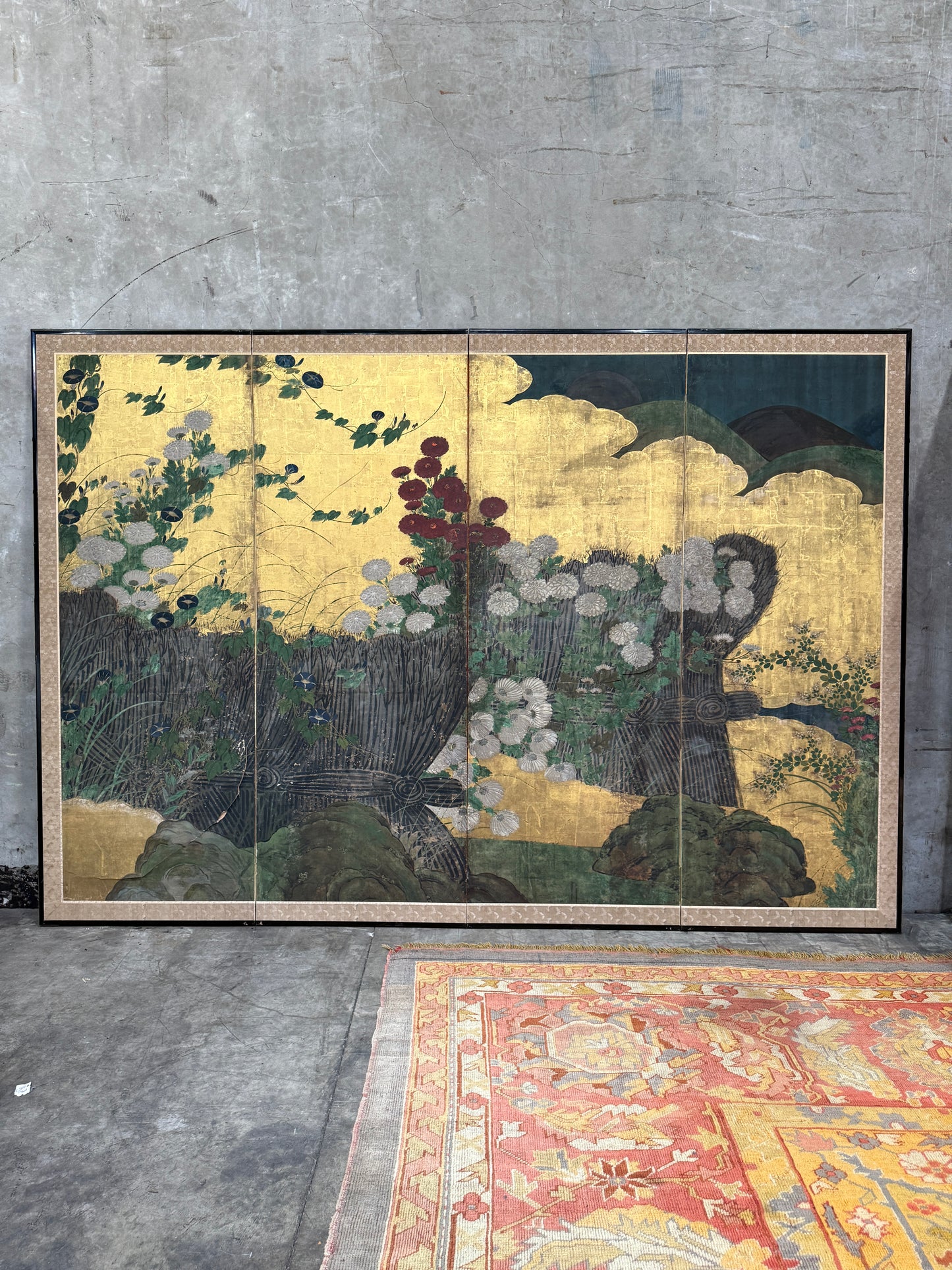19th Century Japanese Meiji Period Four-Panel Folding Screen – Gilt Paper with Chrysanthemums, Morning Glories & Landscape, 67.5″H × 98″W
