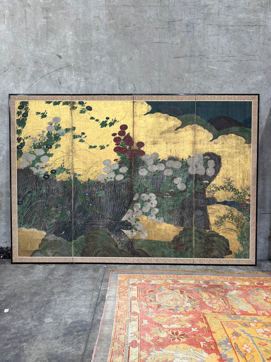 19th Century Japanese Meiji Period Four-Panel Folding Screen – Gilt Paper with Chrysanthemums, Morning Glories & Landscape, 67.5″H × 98″W