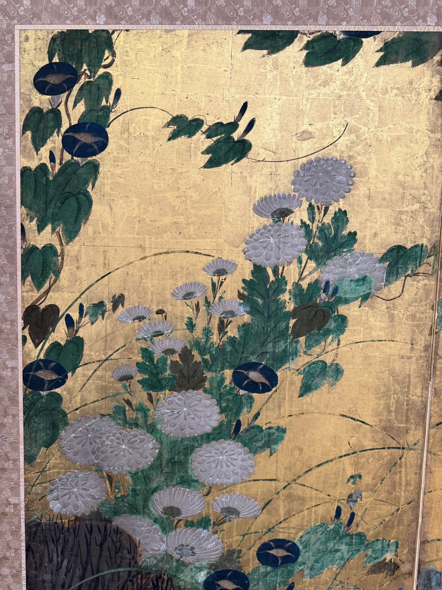 19th Century Japanese Meiji Period Four-Panel Folding Screen – Gilt Paper with Chrysanthemums, Morning Glories & Landscape, 67.5″H × 98″W