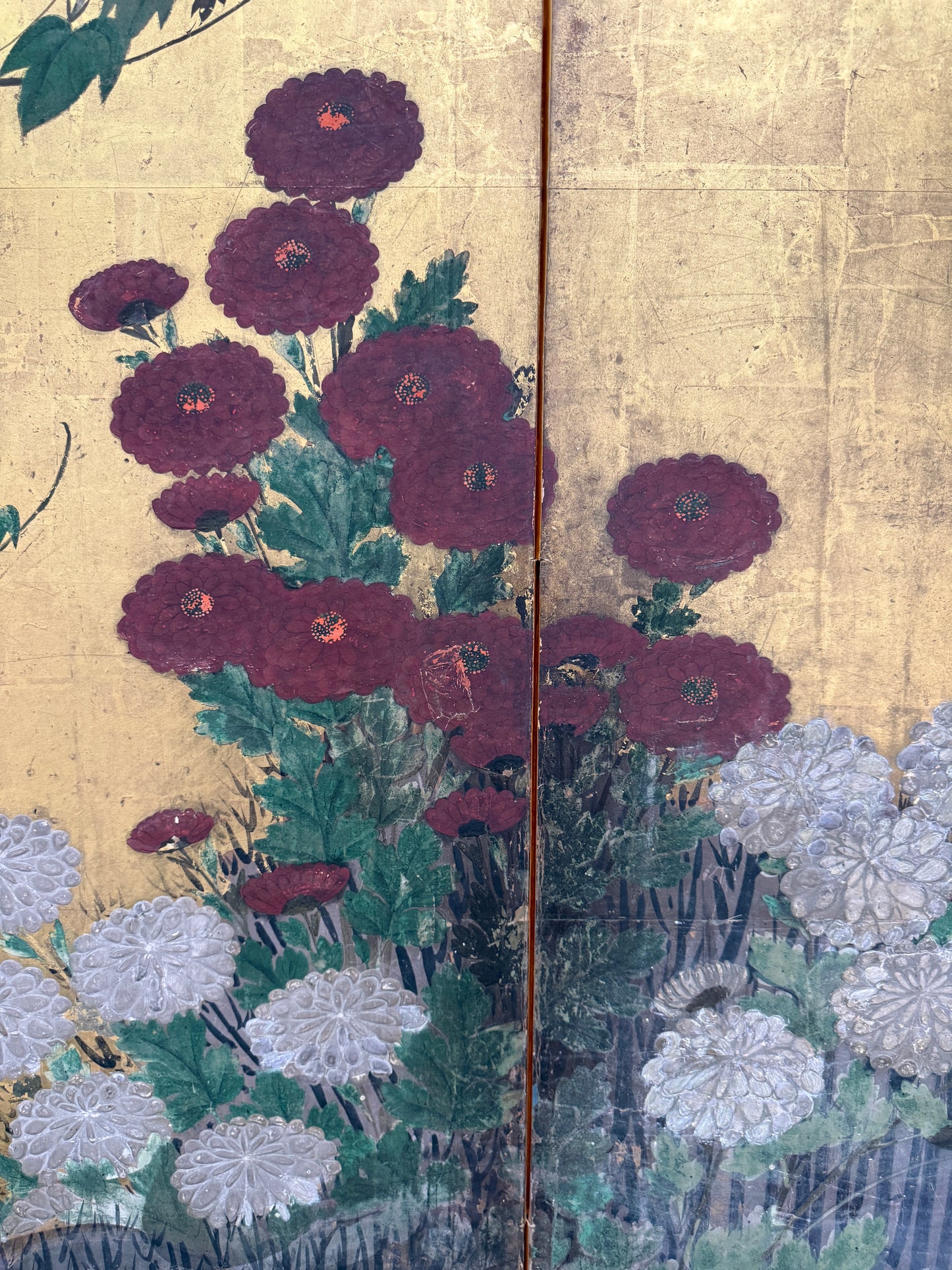 19th Century Japanese Meiji Period Four-Panel Folding Screen – Gilt Paper with Chrysanthemums, Morning Glories & Landscape, 67.5″H × 98″W