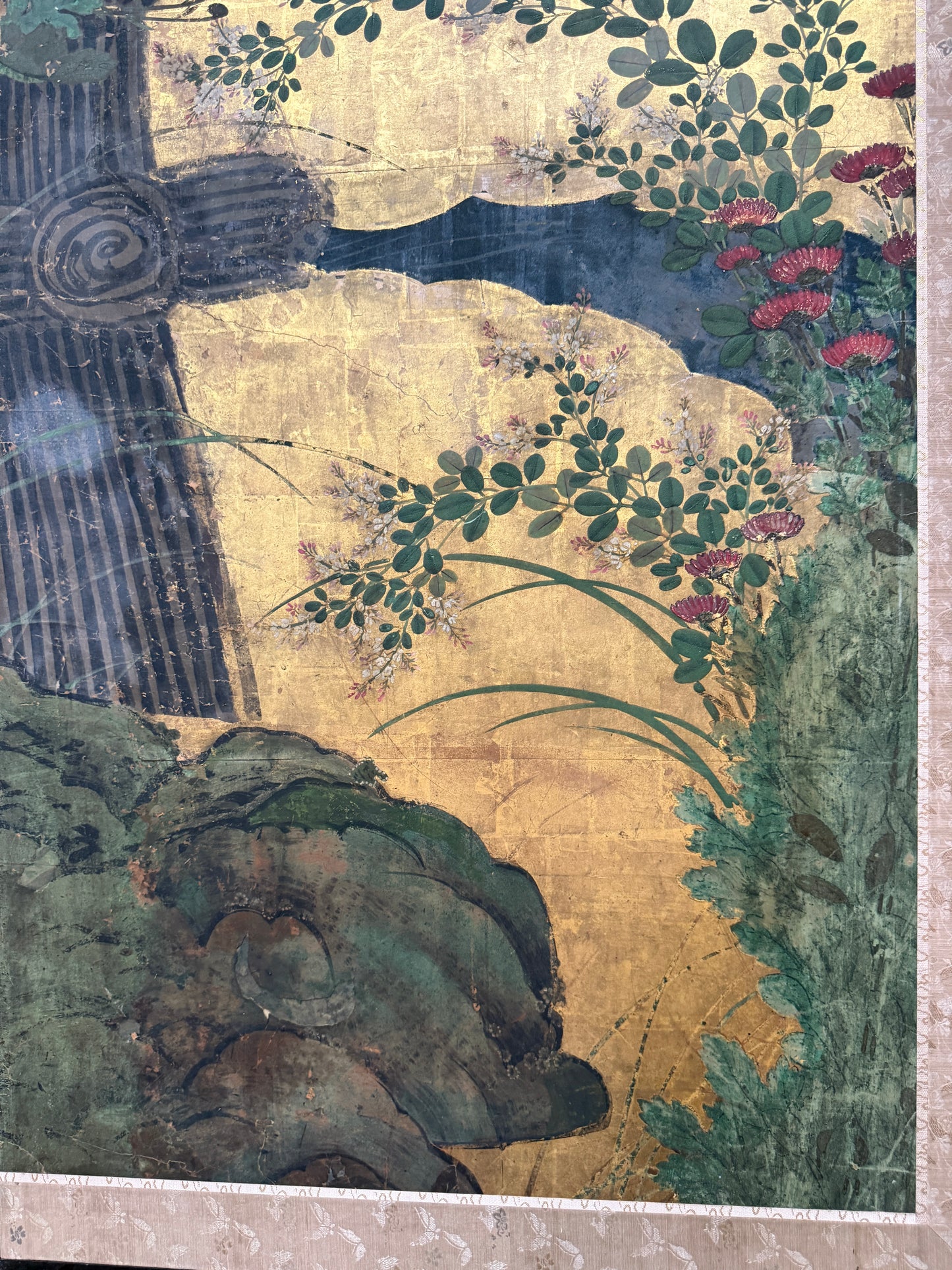 19th Century Japanese Meiji Period Four-Panel Folding Screen – Gilt Paper with Chrysanthemums, Morning Glories & Landscape, 67.5″H × 98″W