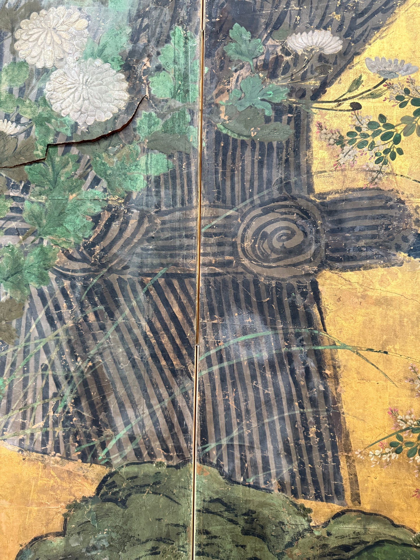 19th Century Japanese Meiji Period Four-Panel Folding Screen – Gilt Paper with Chrysanthemums, Morning Glories & Landscape, 67.5″H × 98″W