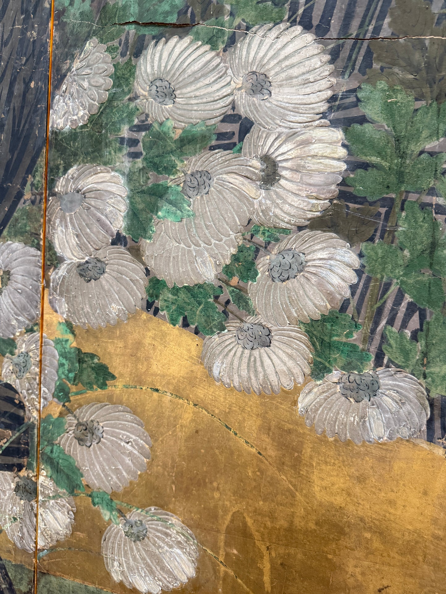 19th Century Japanese Meiji Period Four-Panel Folding Screen – Gilt Paper with Chrysanthemums, Morning Glories & Landscape, 67.5″H × 98″W