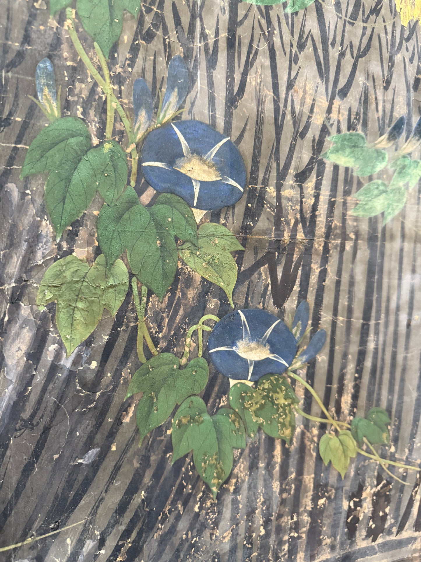 19th Century Japanese Meiji Period Four-Panel Folding Screen – Gilt Paper with Chrysanthemums, Morning Glories & Landscape, 67.5″H × 98″W