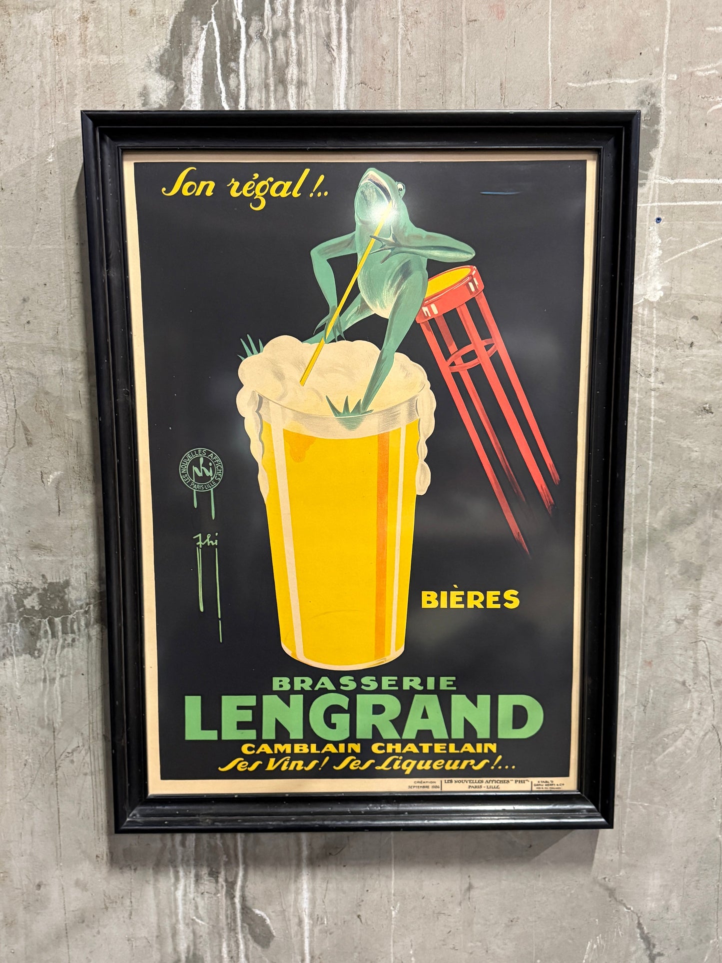 Original 1926 Art Deco Brasserie Lengrand Poster, Phi (Paul Nerfi) Frog Beer French Vintage Advertising Lithograph (44" x 32")