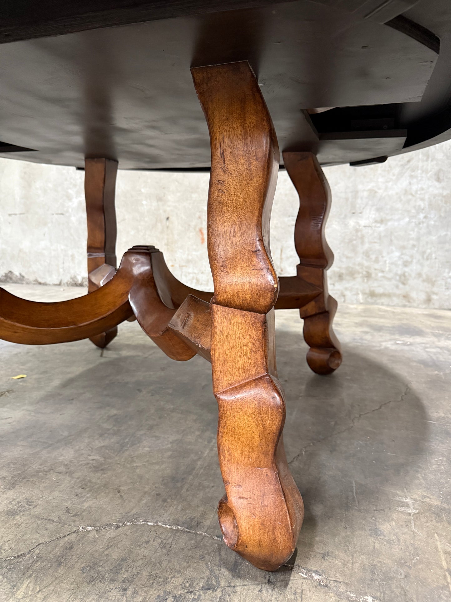 Custom Early Spanish Style Walnut Dining Table – Round to Oval with Leaves, Carved Stretcher Base, 107″L × 60″W × 30″H