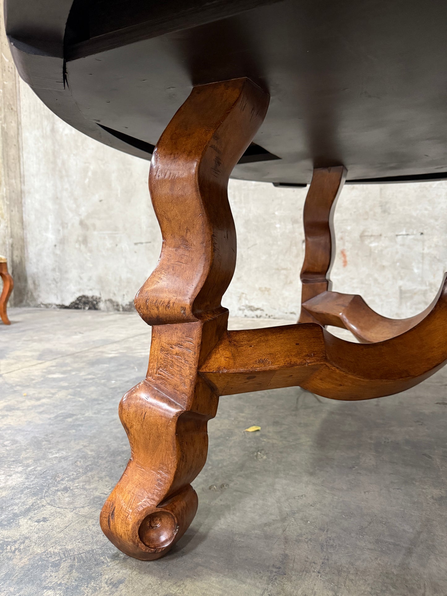 Custom Early Spanish Style Walnut Dining Table – Round to Oval with Leaves, Carved Stretcher Base, 107″L × 60″W × 30″H