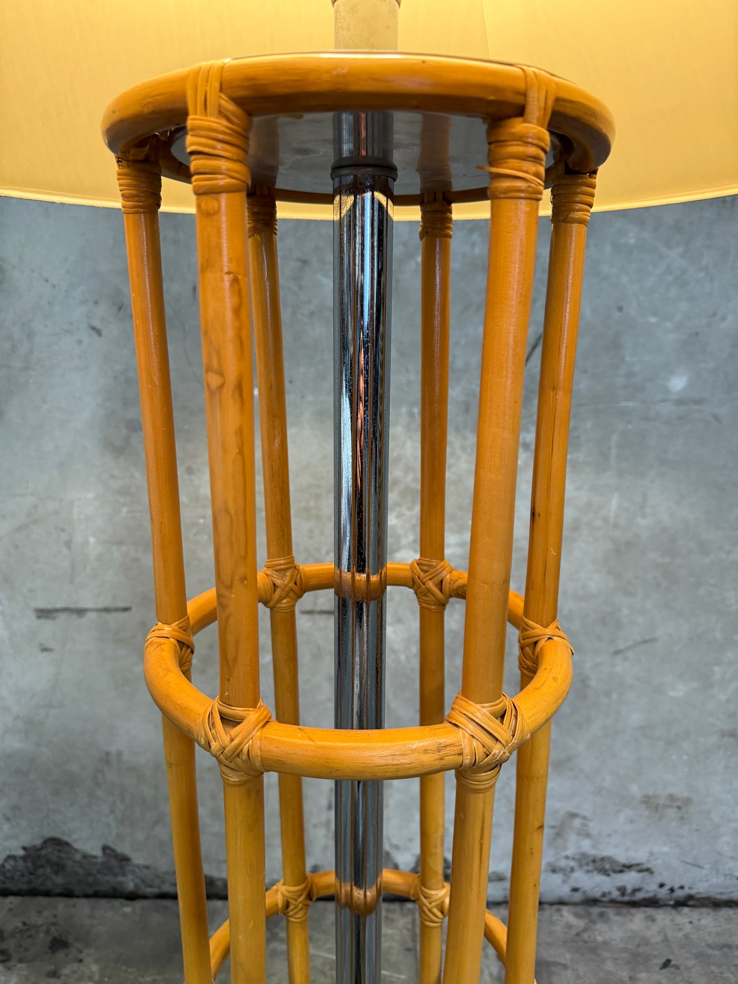 Vintage Rattan & Chrome Floor Lamp – Cylindrical Cage Design with Linen Shade, 57″H × 10″ Base × 24″ Shade Diameter