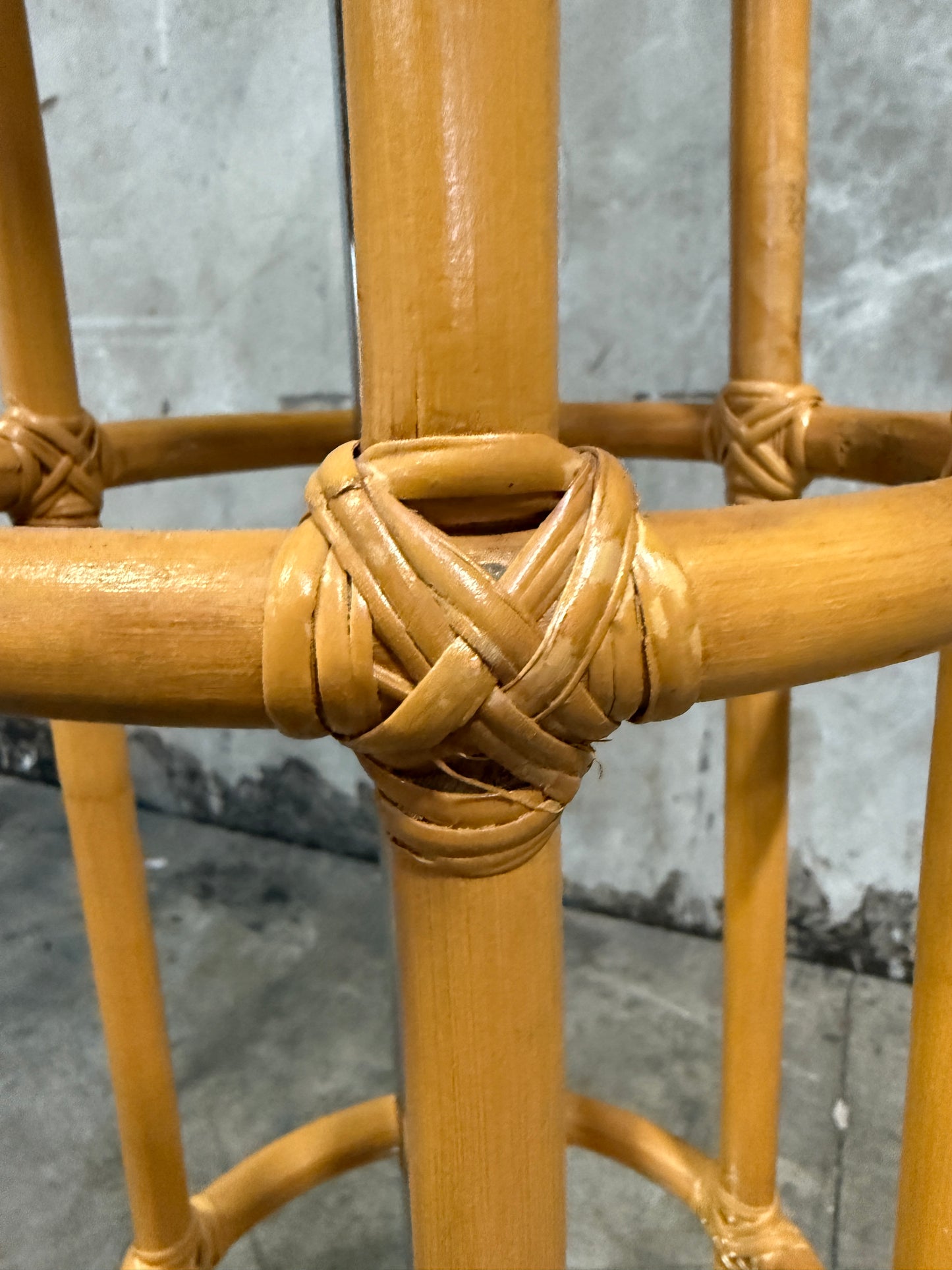 Vintage Rattan & Chrome Floor Lamp – Cylindrical Cage Design with Linen Shade, 57″H × 10″ Base × 24″ Shade Diameter