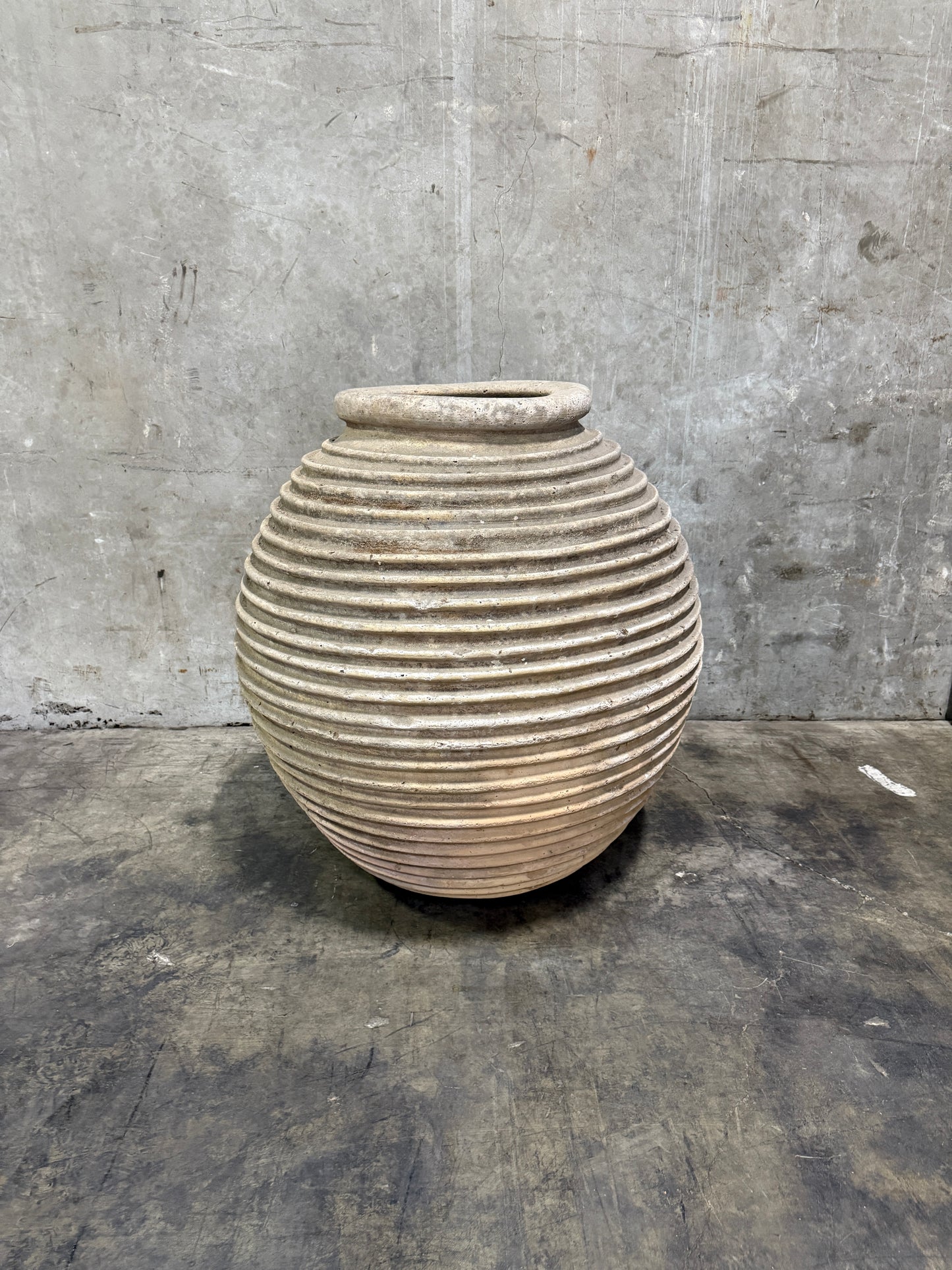 Antique Early 20th Century Monumental Terracotta “Beehive” Olive Oil Jar – Ribbed Amphora Vessel, 46″H × 42″W