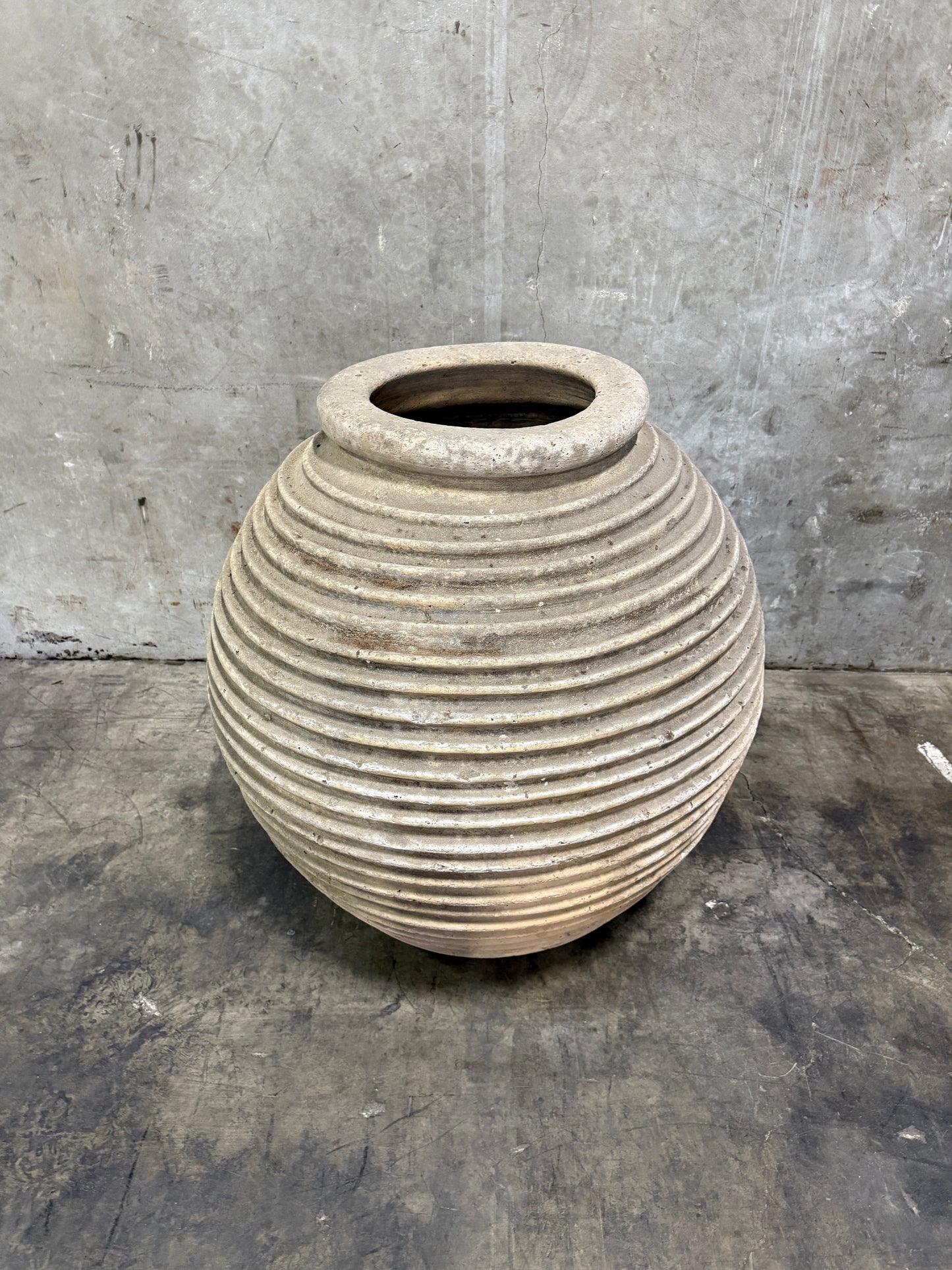 Antique Early 20th Century Monumental Terracotta “Beehive” Olive Oil Jar – Ribbed Amphora Vessel, 46″H × 42″W