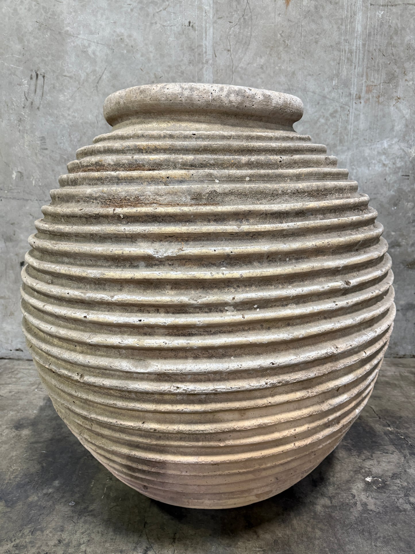 Antique Early 20th Century Monumental Terracotta “Beehive” Olive Oil Jar – Ribbed Amphora Vessel, 46″H × 42″W