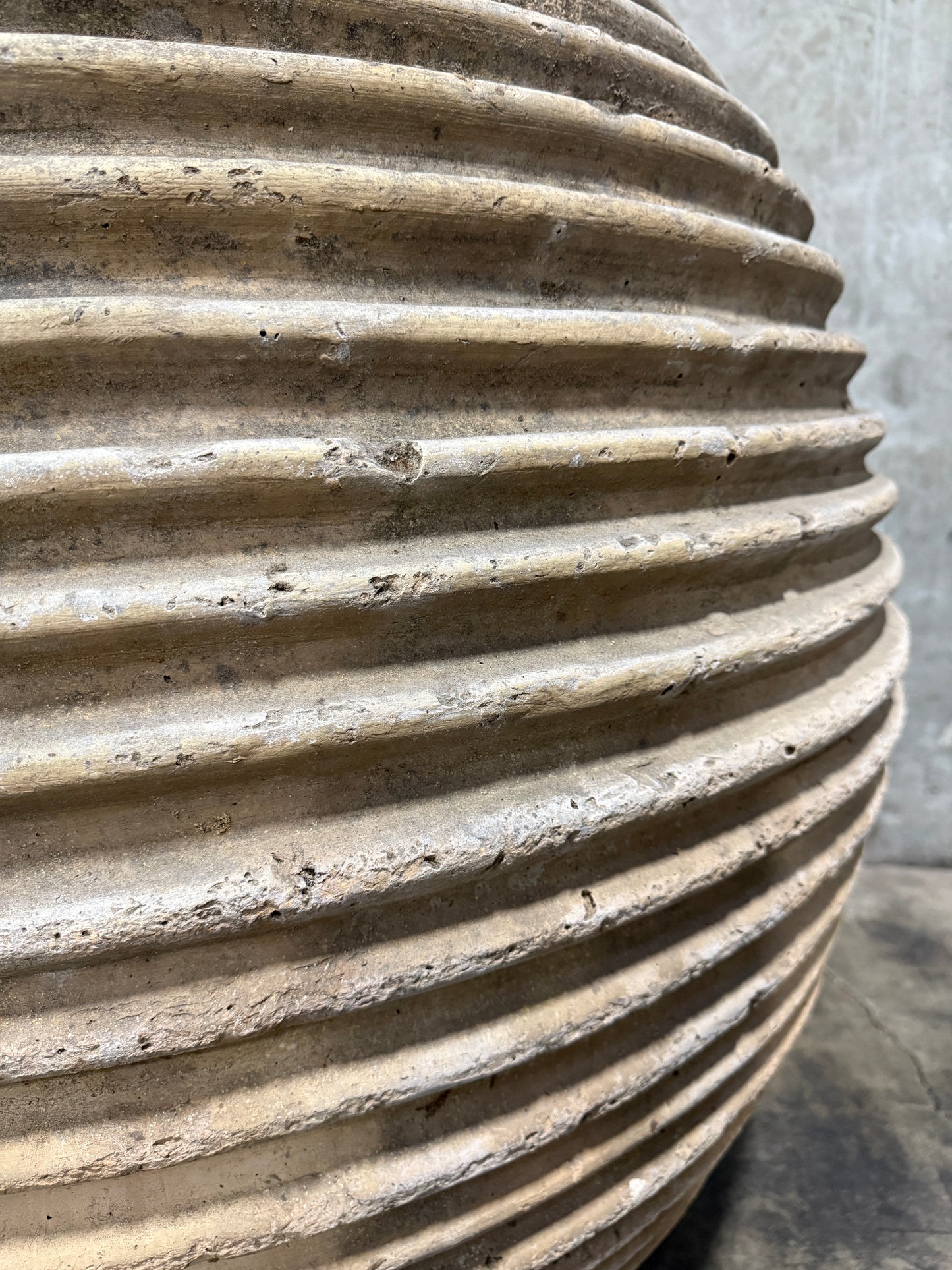 Antique Early 20th Century Monumental Terracotta “Beehive” Olive Oil Jar – Ribbed Amphora Vessel, 46″H × 42″W