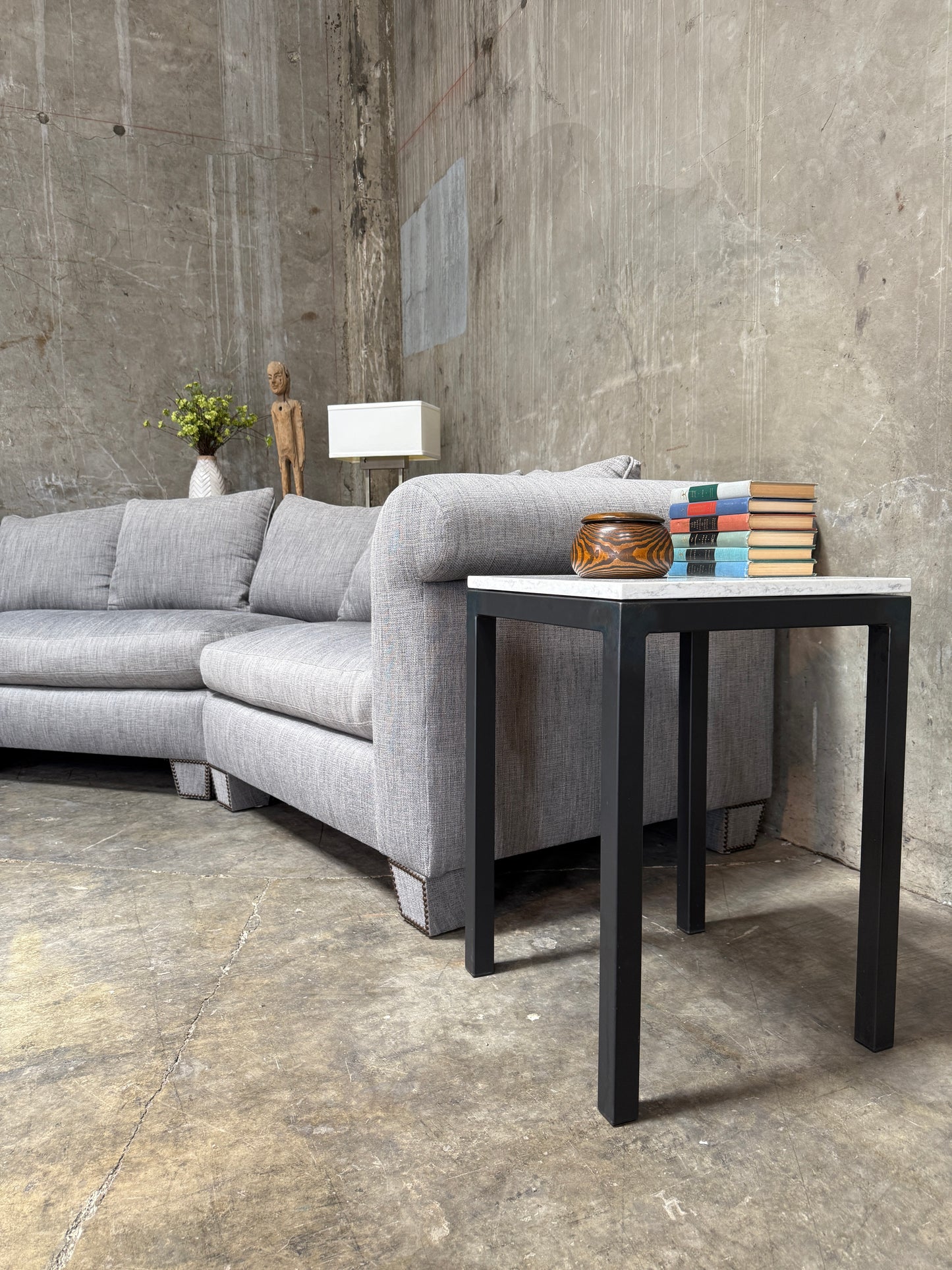 Huge Custom Gray Slate Upholstered Wedge Sectional – Down Filling & Nailhead Trim