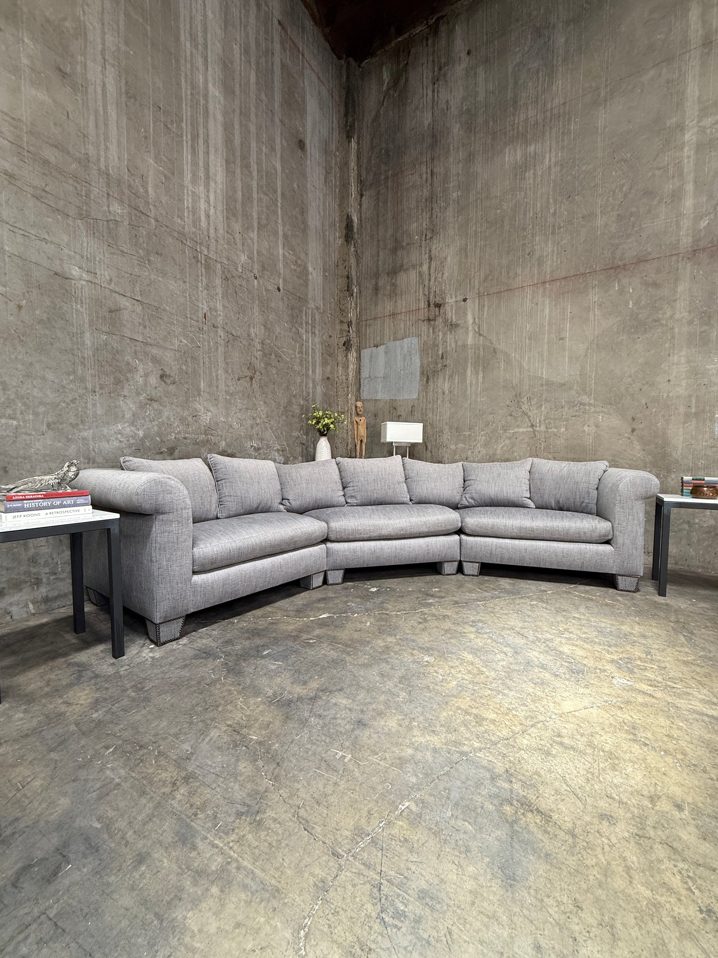 Huge Custom Gray Slate Upholstered Wedge Sectional – Down Filling & Nailhead Trim