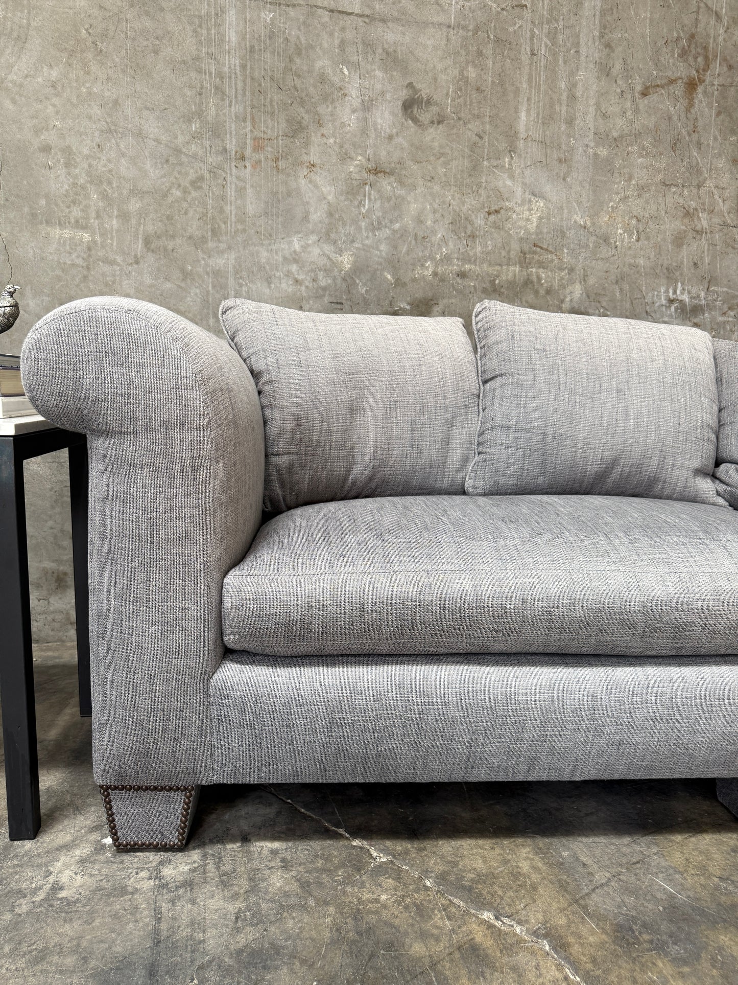 Huge Custom Gray Slate Upholstered Wedge Sectional – Down Filling & Nailhead Trim