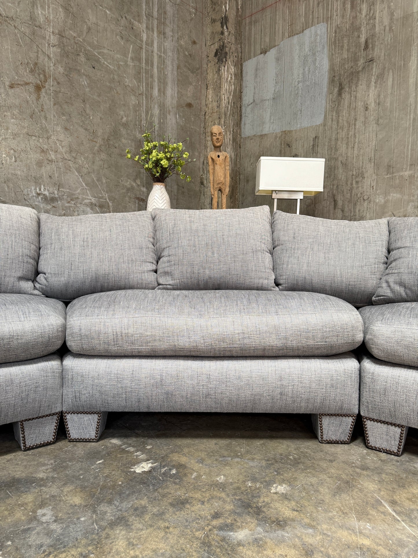 Huge Custom Gray Slate Upholstered Wedge Sectional – Down Filling & Nailhead Trim